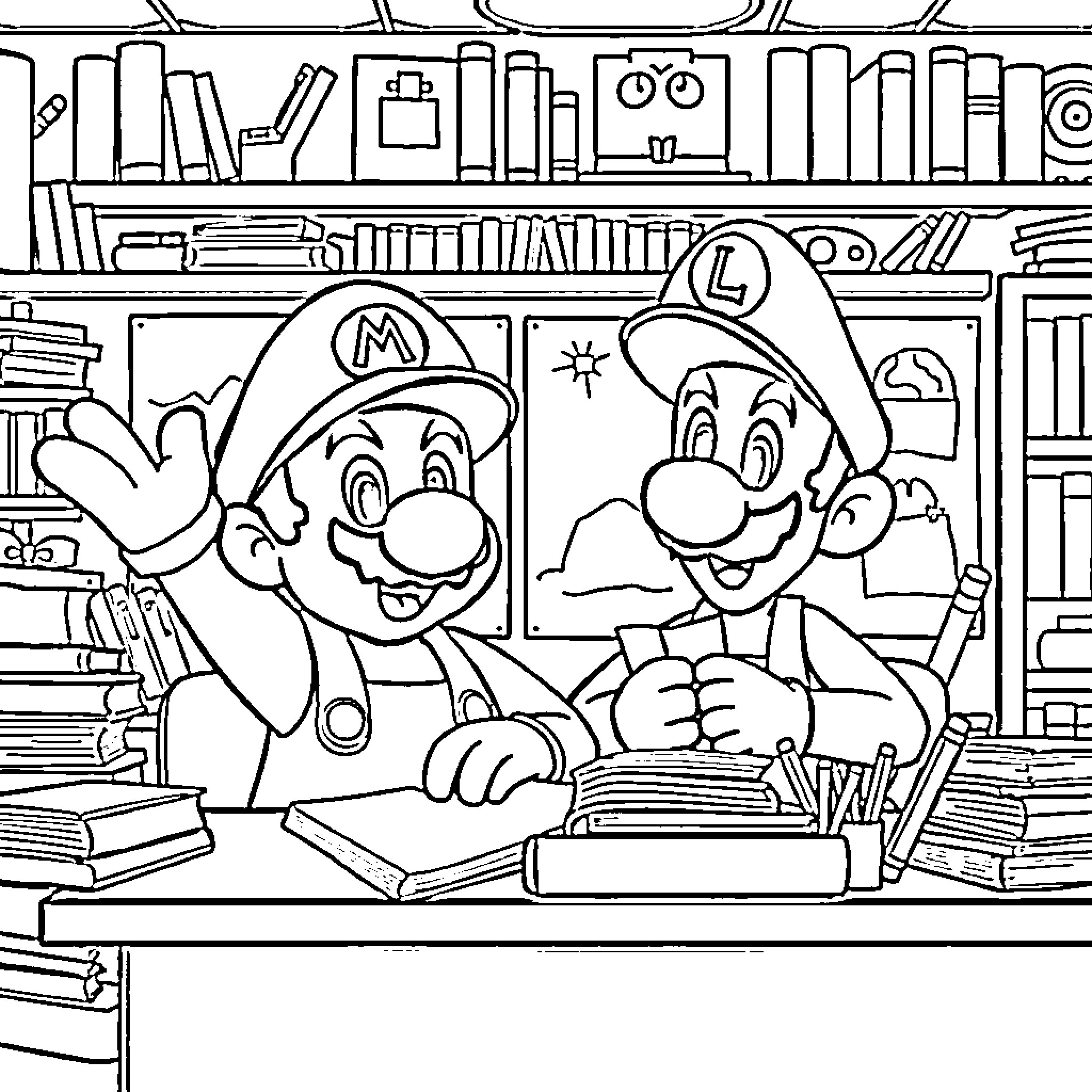 Mario and Luigi working together in a bookshop Coloring Page (free black-and-white line drawing printable PDF for all, from beginners to advanced learners, including children, teens, adults, and seniors)