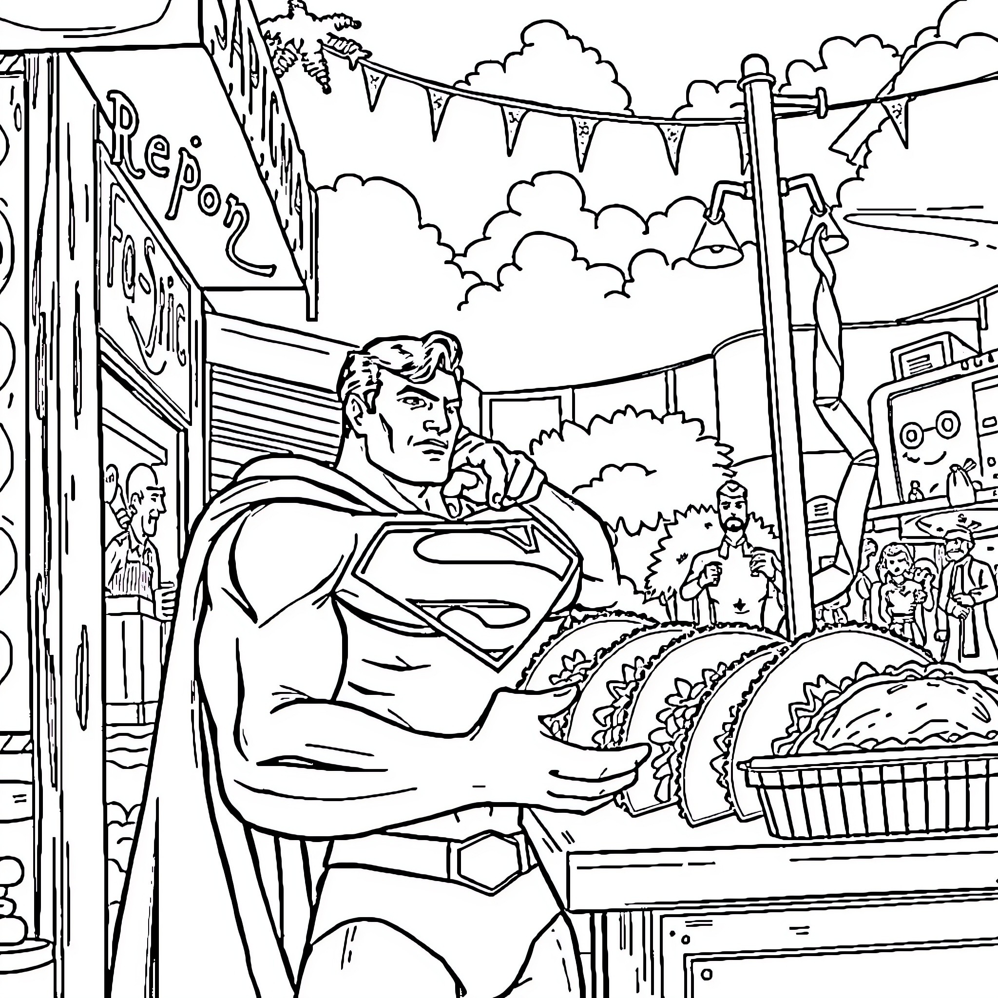 Superman saving the city from disaster Coloring Page (free black-and-white line drawing printable PDF for all, from beginners to advanced learners, including children, teens, adults, and seniors)