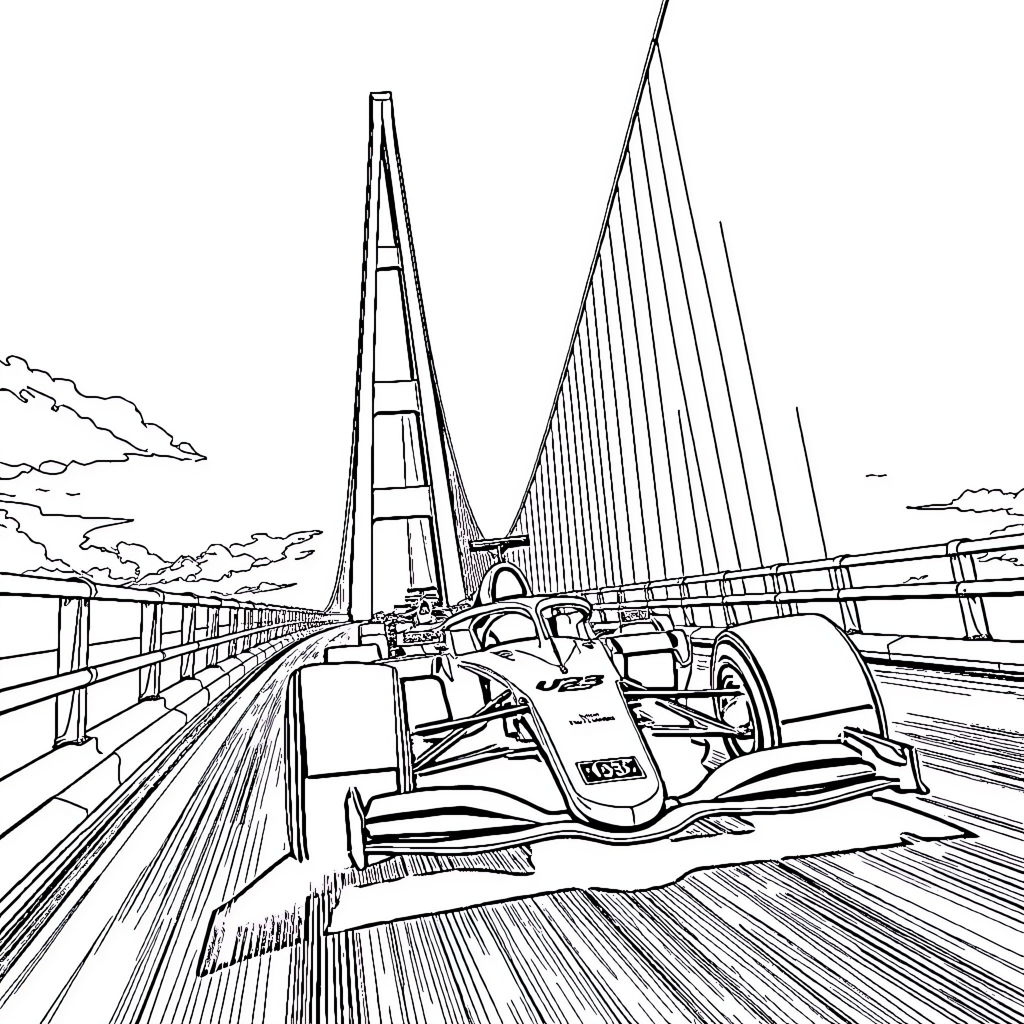 F1 Car racing on a bridge with cables Coloring Page (free black-and-white line drawing printable PDF for all, from beginners to advanced learners, including children, teens, adults, and seniors)