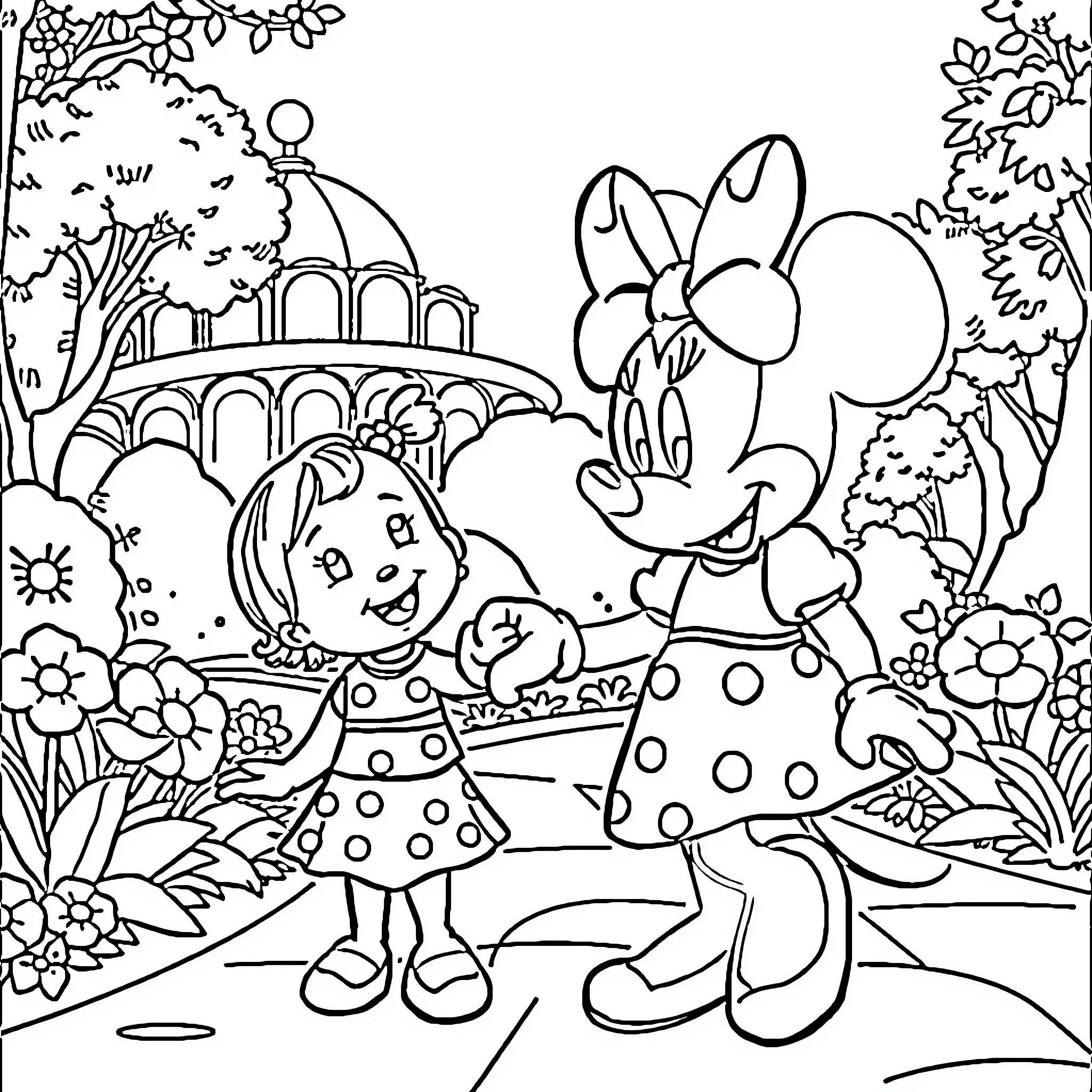 Minnie Mouse and friend explore the enchanted garden Coloring Page (free black-and-white line drawing printable PDF for all, from beginners to advanced learners, including children, teens, adults, and seniors)