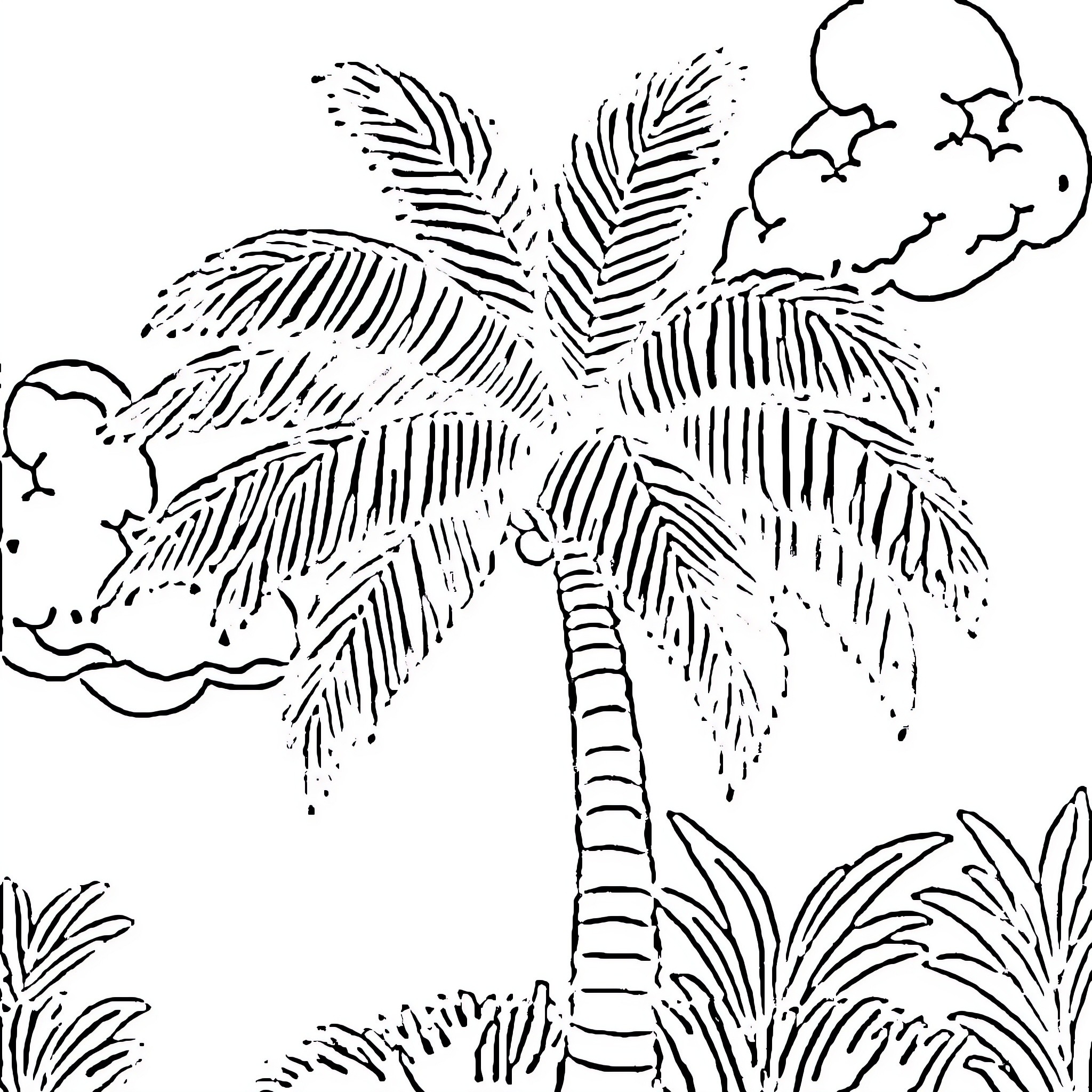 Palm Tree with Lush Foliage in Tropical Setting Coloring Page (free black-and-white line drawing printable PDF for all, from beginners to advanced learners, including children, teens, adults, and seniors)