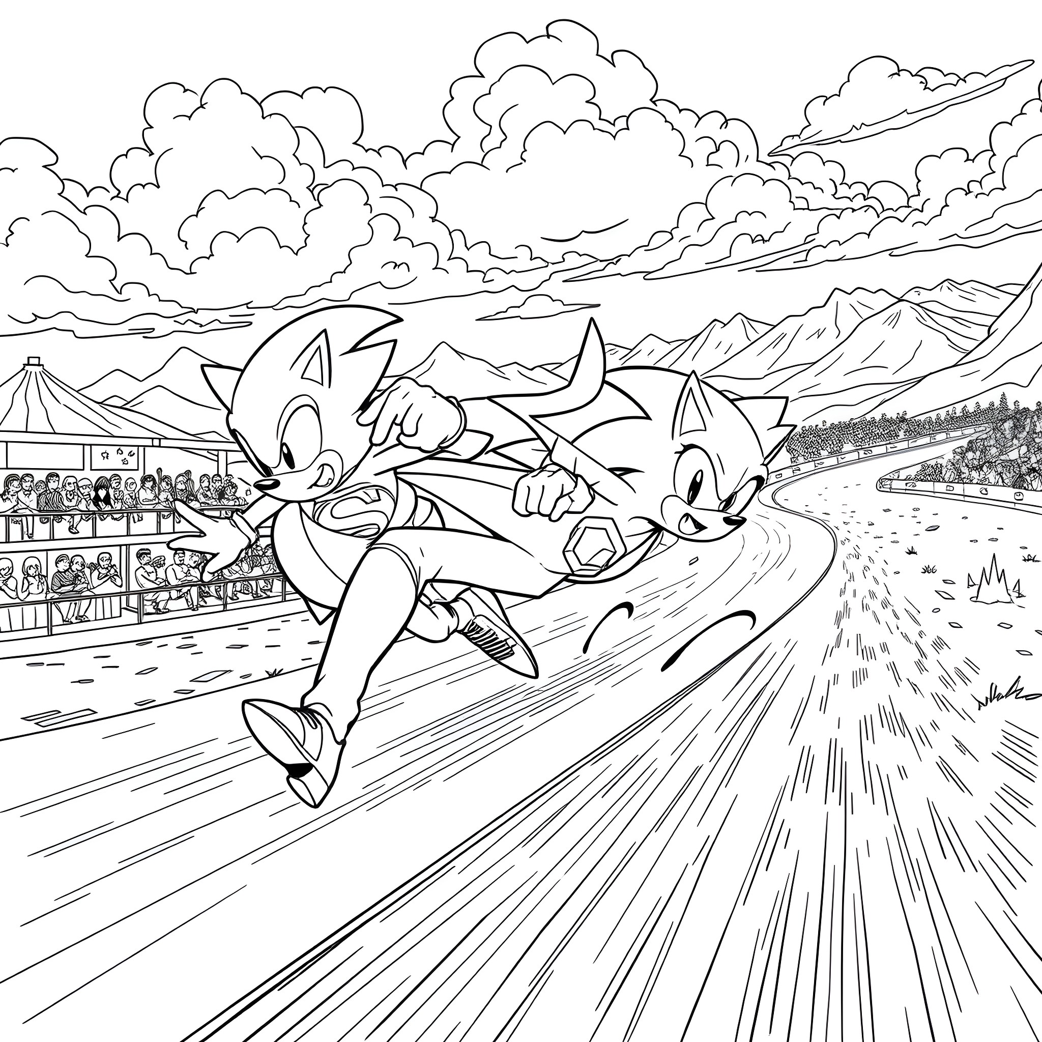 Superman characters racing through a fantasy landscape Coloring Page (free black-and-white line drawing printable PDF for all, from beginners to advanced learners, including children, teens, adults, and seniors)