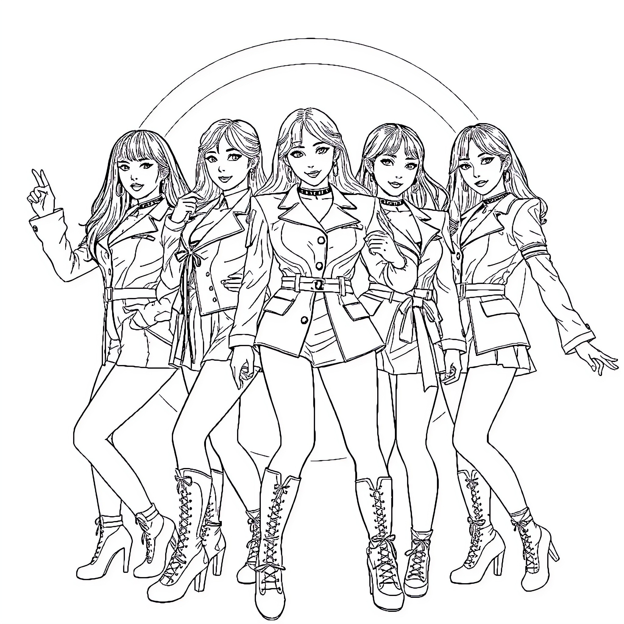 Kpop Warriors in Fierce Formation Coloring Page (free black-and-white line drawing printable PDF for all, from beginners to advanced learners, including children, teens, adults, and seniors)