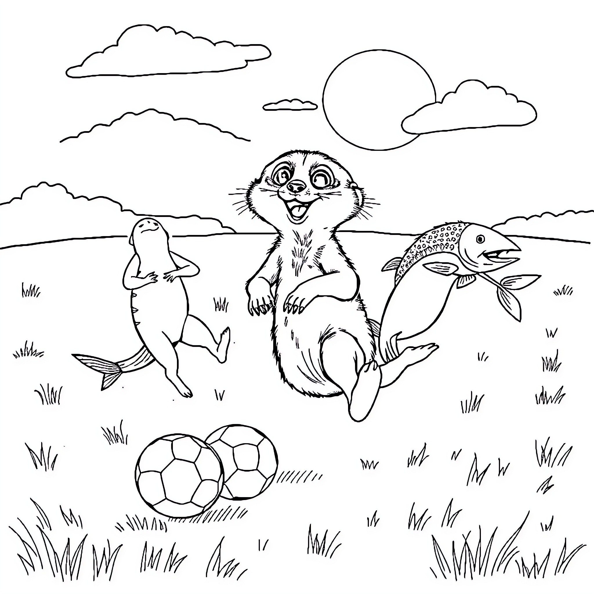 Meerkat playing with fish and soccer balls in nature Coloring Page (free black-and-white line drawing printable PDF for all, from beginners to advanced learners, including children, teens, adults, and seniors)