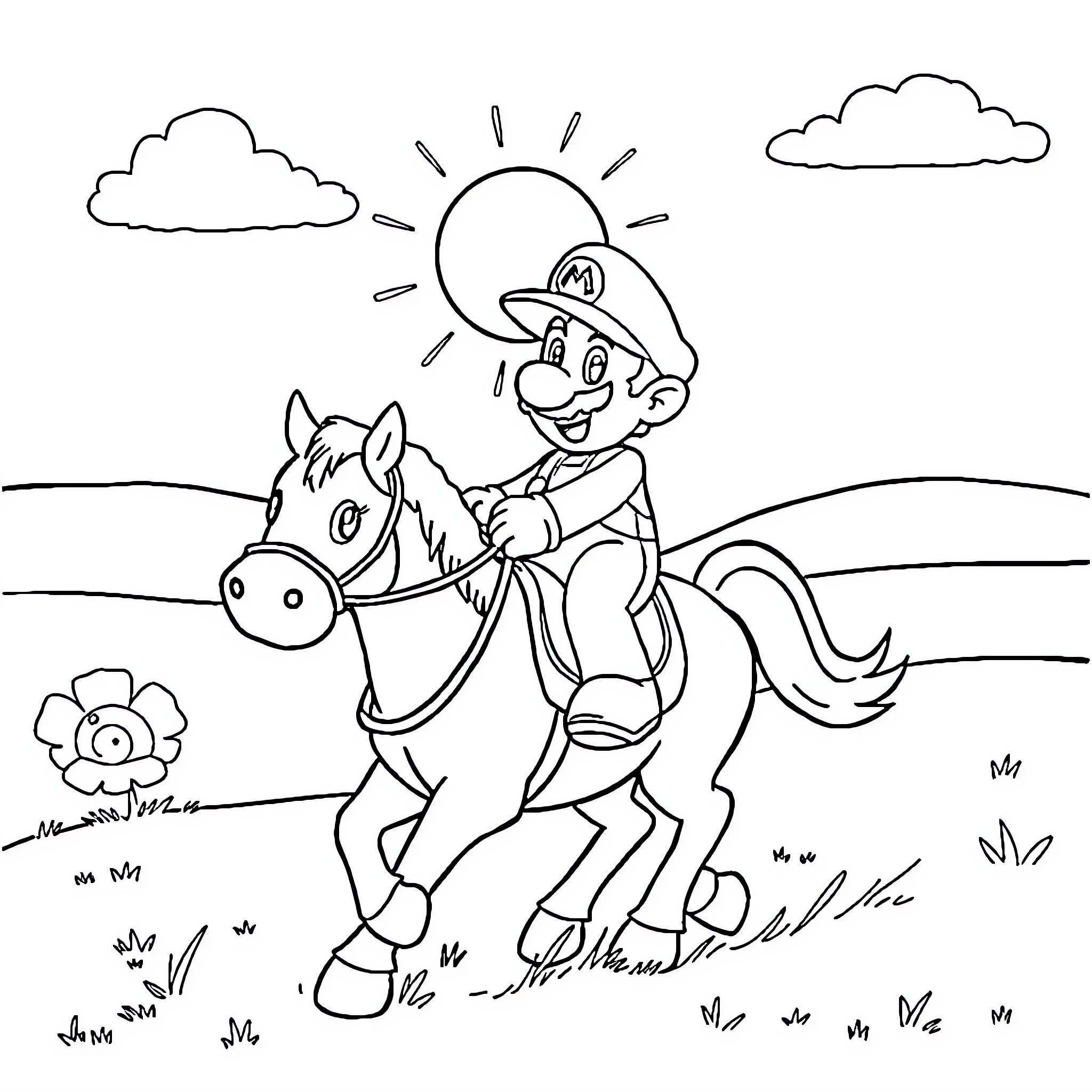 Mario Rides Cheerfully on a Pony in the Countryside Coloring Page (free black-and-white line drawing printable PDF for all, from beginners to advanced learners, including children, teens, adults, and seniors)