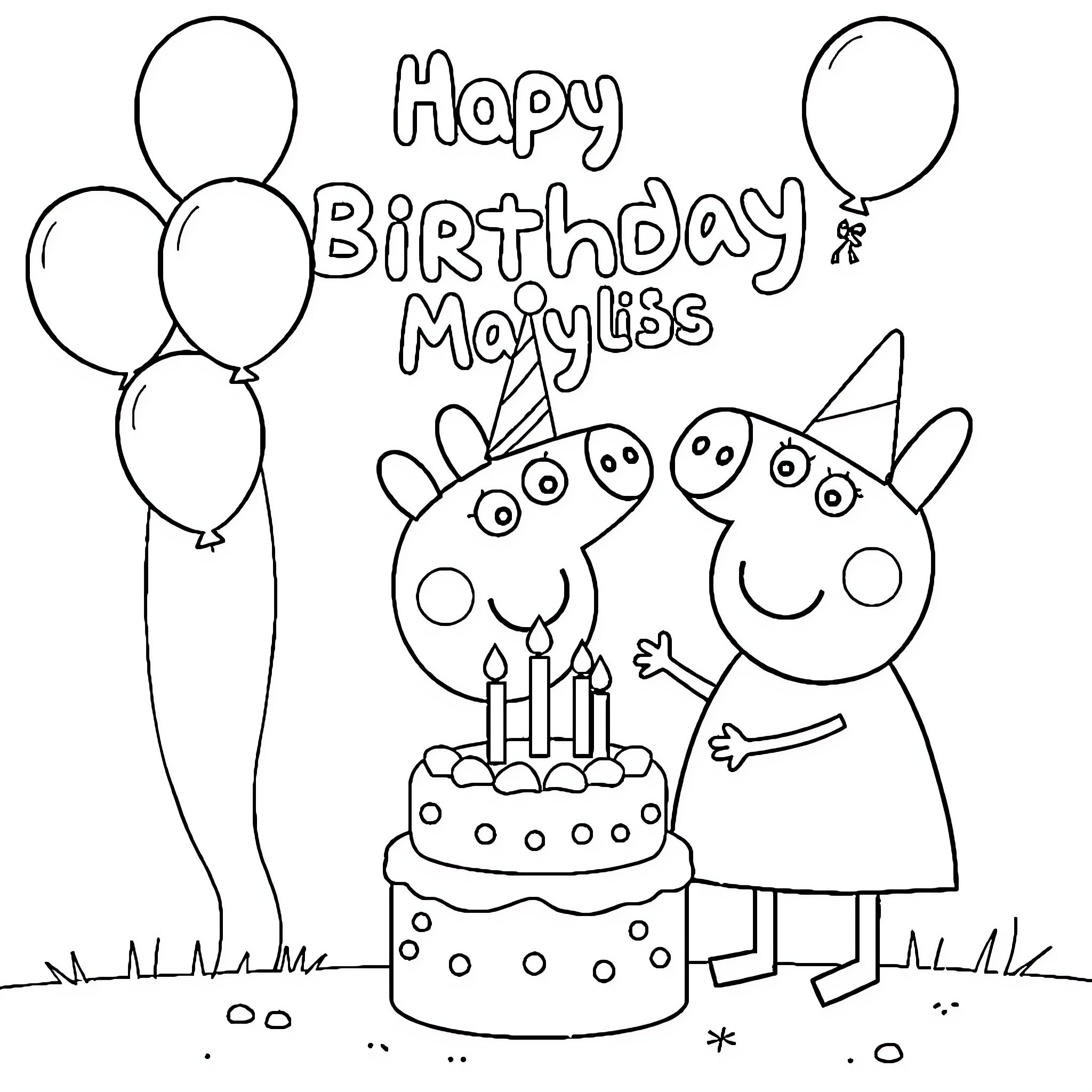 Peppa Pig celebrates a birthday with balloons and cake Coloring Page (free black-and-white line drawing printable PDF for all, from beginners to advanced learners, including children, teens, adults, and seniors)
