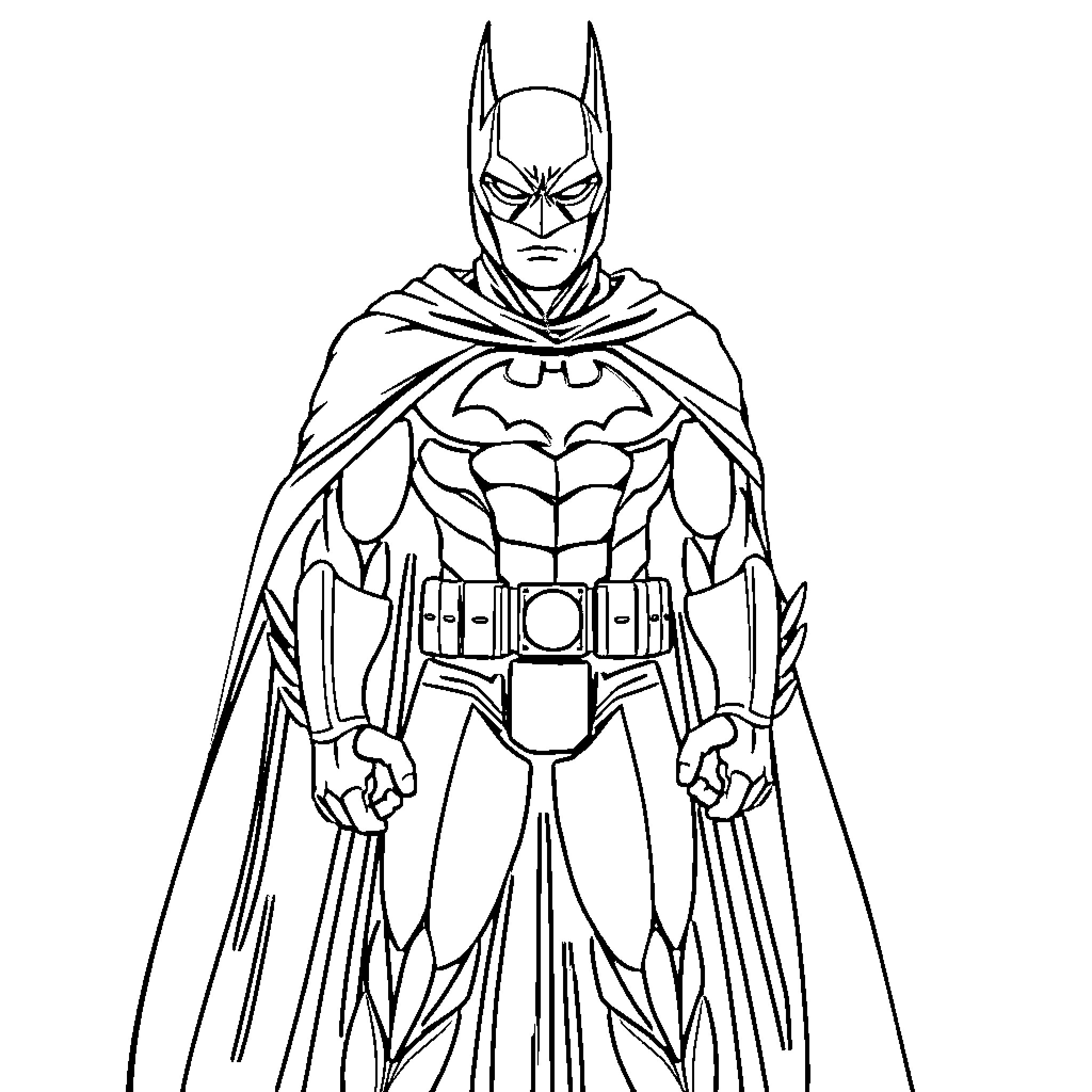 Batman in iconic superhero pose Coloring Page (free black-and-white line drawing printable PDF for all, from beginners to advanced learners, including children, teens, adults, and seniors)