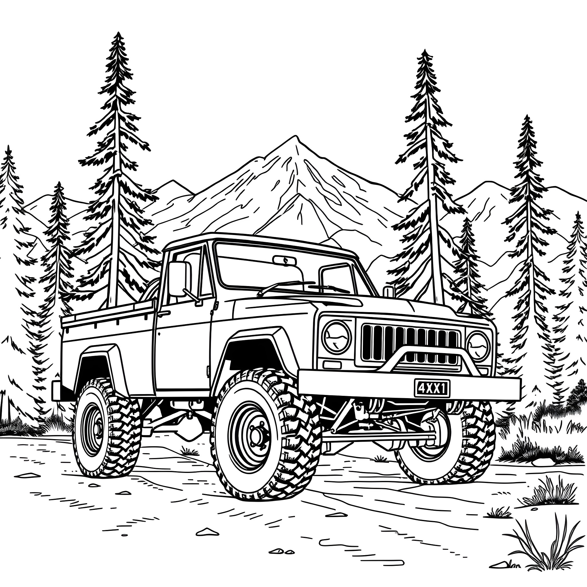 Truck Exploring Rugged Mountain Terrain Coloring Page (free black-and-white line drawing printable PDF for all, from beginners to advanced learners, including children, teens, adults, and seniors)