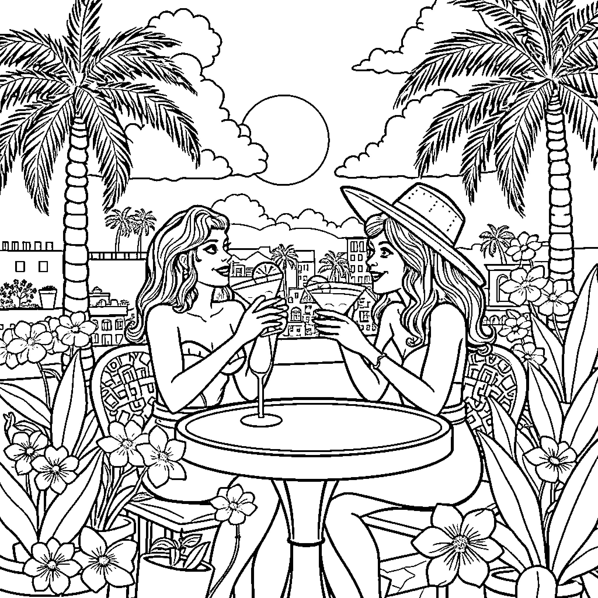 Cotaba - Two friends enjoying drinks in tropical paradise Coloring Page (free black-and-white line drawing printable PDF for all, from beginners to advanced learners, including children, teens, adults, and seniors)