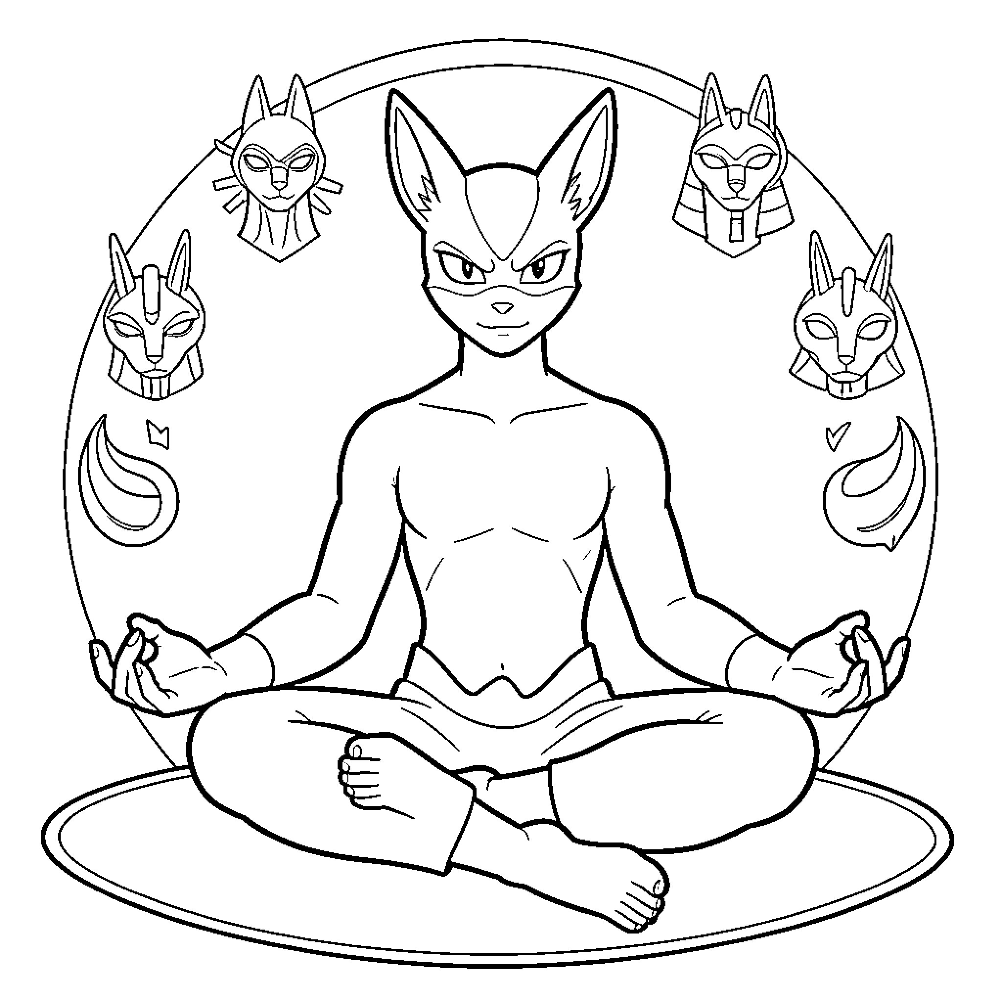 Lucario meditating in a peaceful lotus pose Coloring Page (free black-and-white line drawing printable PDF for all, from beginners to advanced learners, including children, teens, adults, and seniors)