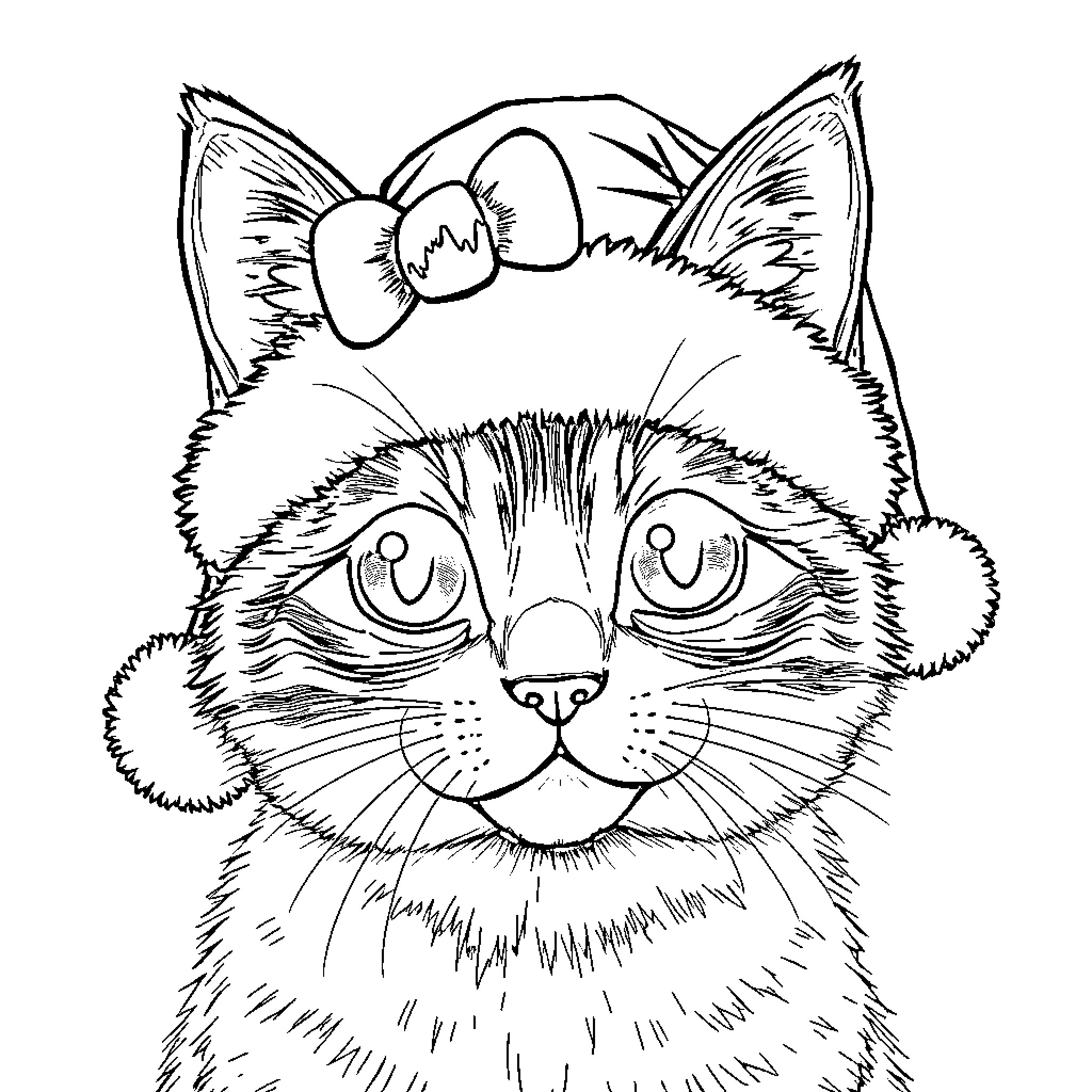 Cat with Bow on Head and Big Eyes Coloring Page (free black-and-white line drawing printable PDF for all, from beginners to advanced learners, including children, teens, adults, and seniors)