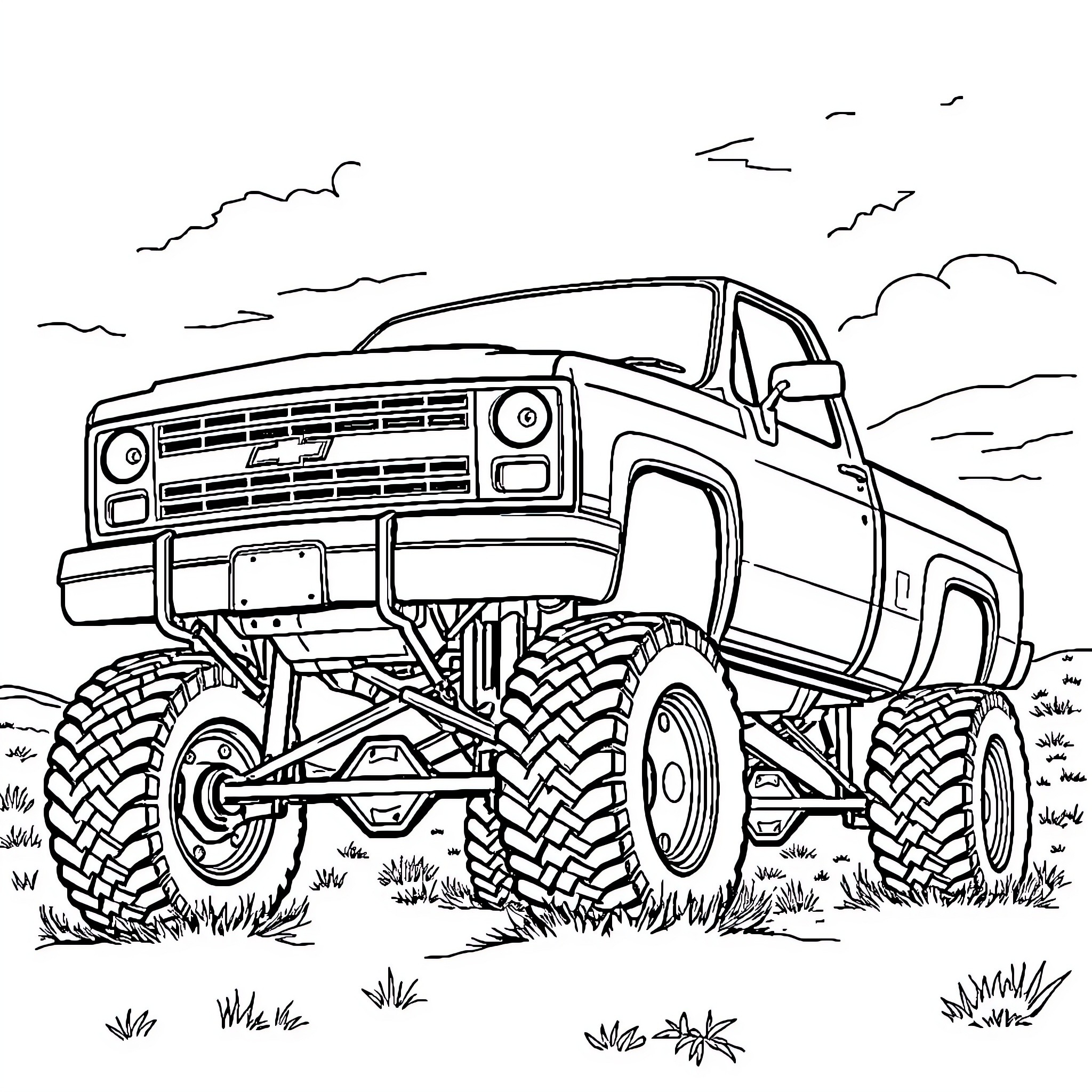Chevy Monster Truck in Outdoor Adventure Coloring Page (free black-and-white line drawing printable PDF for all, from beginners to advanced learners, including children, teens, adults, and seniors)