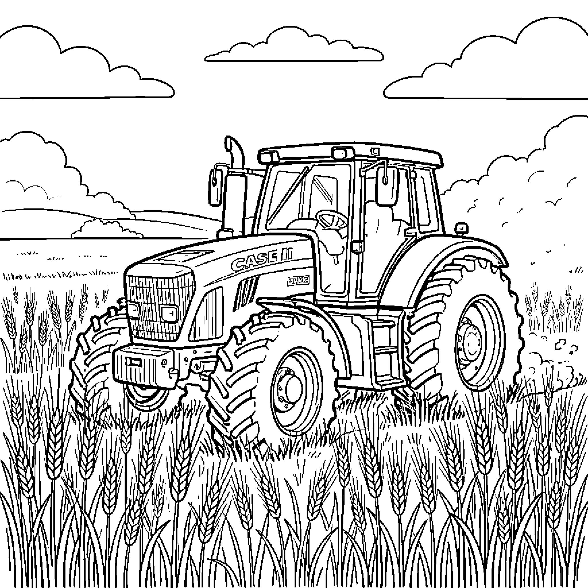 Tractor working in a field of tall wheat Coloring Page (free black-and-white line drawing printable PDF for all, from beginners to advanced learners, including children, teens, adults, and seniors)