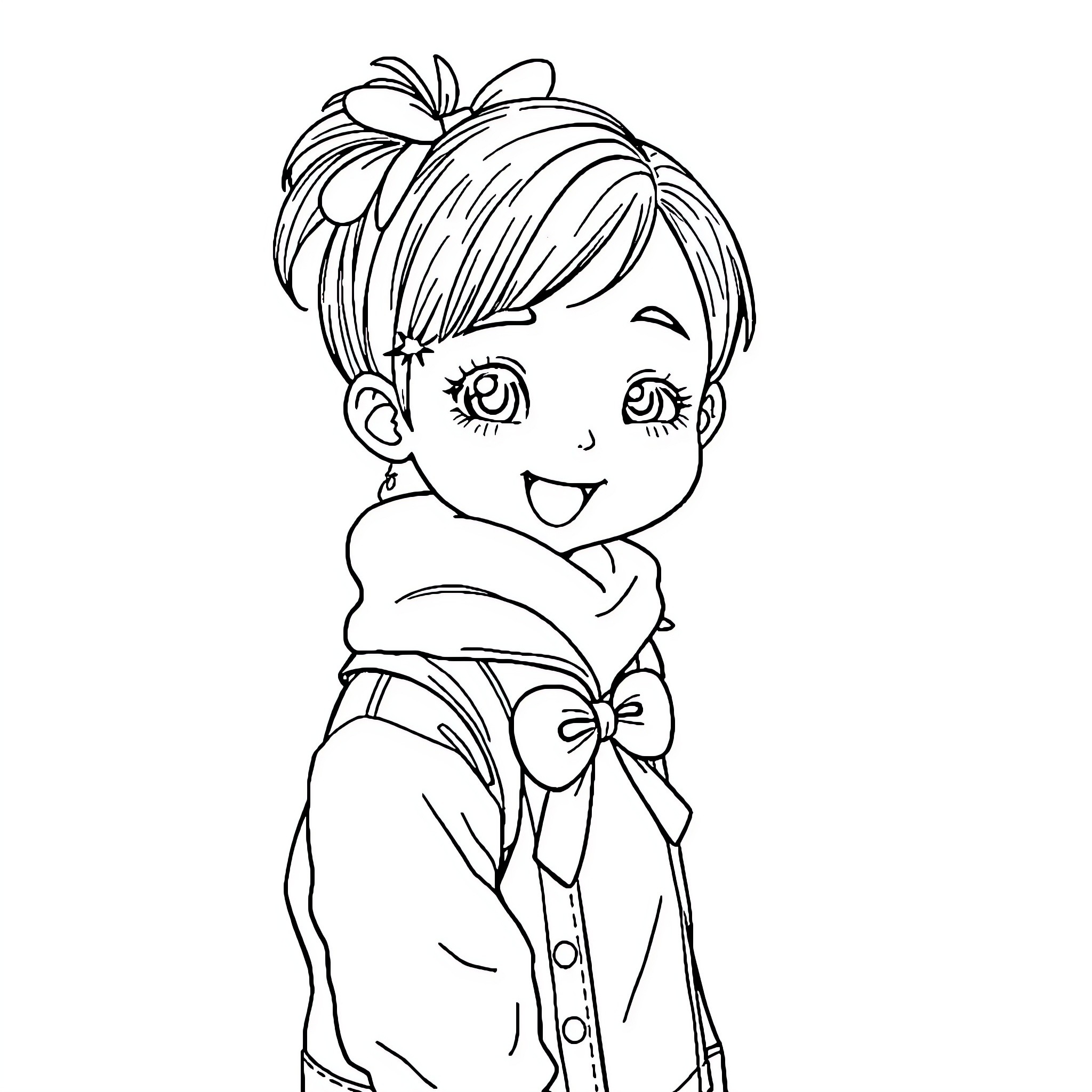 Baby Saja's Delightful Smile and Playful Outfit Coloring Page (free black-and-white line drawing printable PDF for all, from beginners to advanced learners, including children, teens, adults, and seniors)