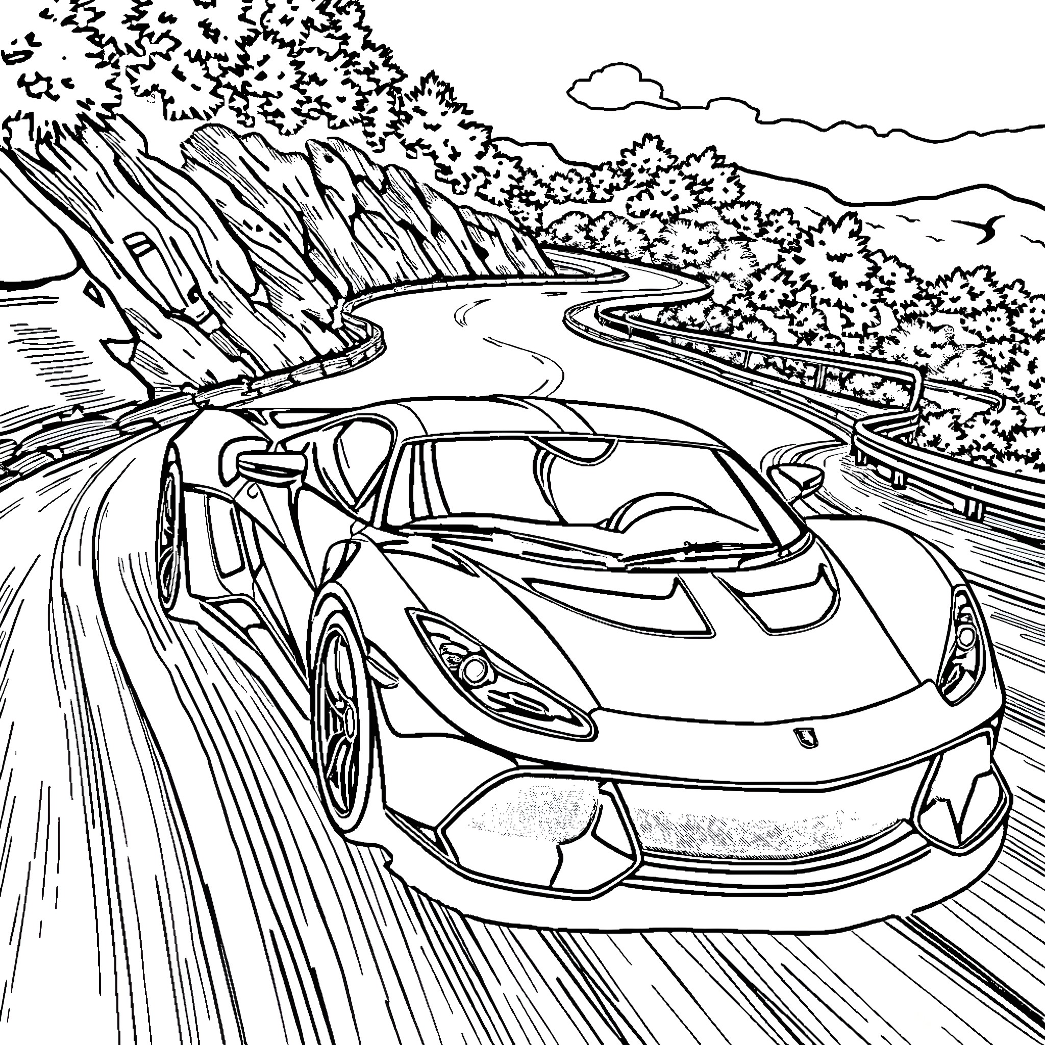 Sport Car racing on winding road through nature landscape Coloring Page (free black-and-white line drawing printable PDF for all, from beginners to advanced learners, including children, teens, adults, and seniors)