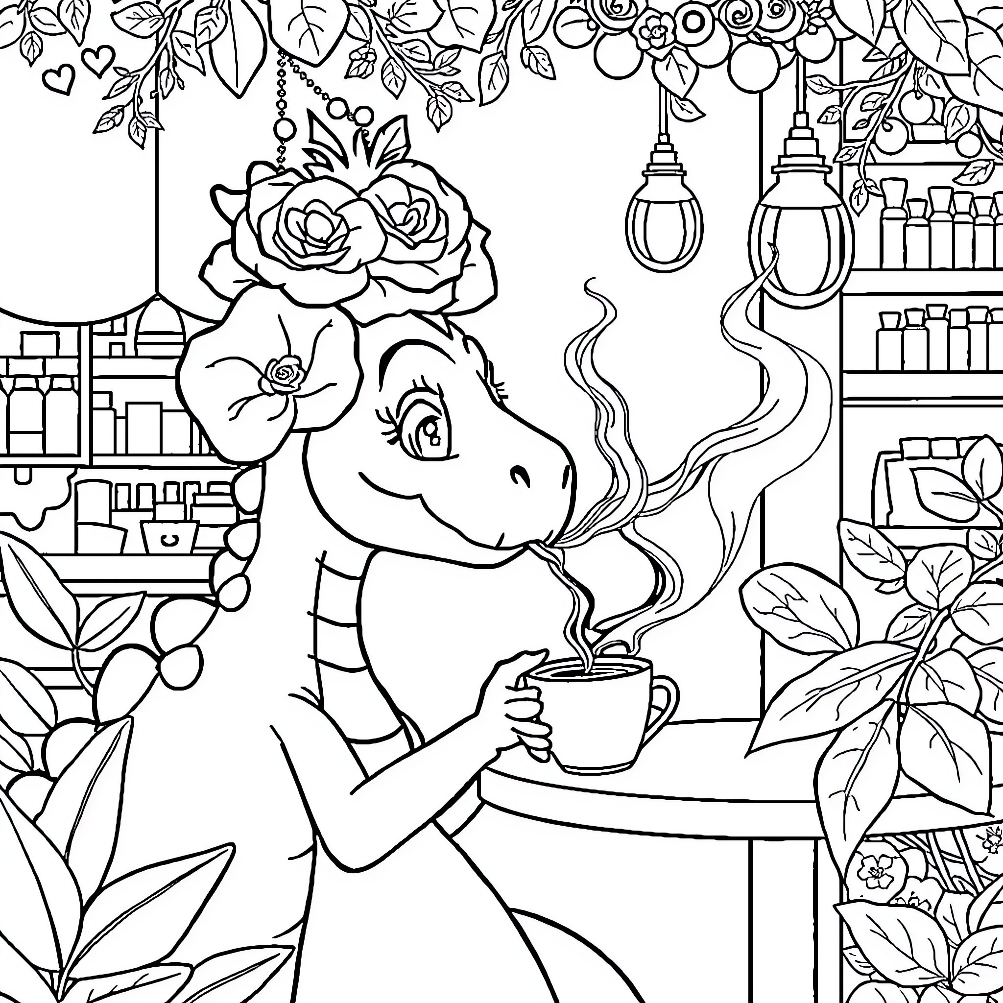 Dinosaur drinking coffee in cozy floral setting Coloring Page (free black-and-white line drawing printable PDF for all, from beginners to advanced learners, including children, teens, adults, and seniors)
