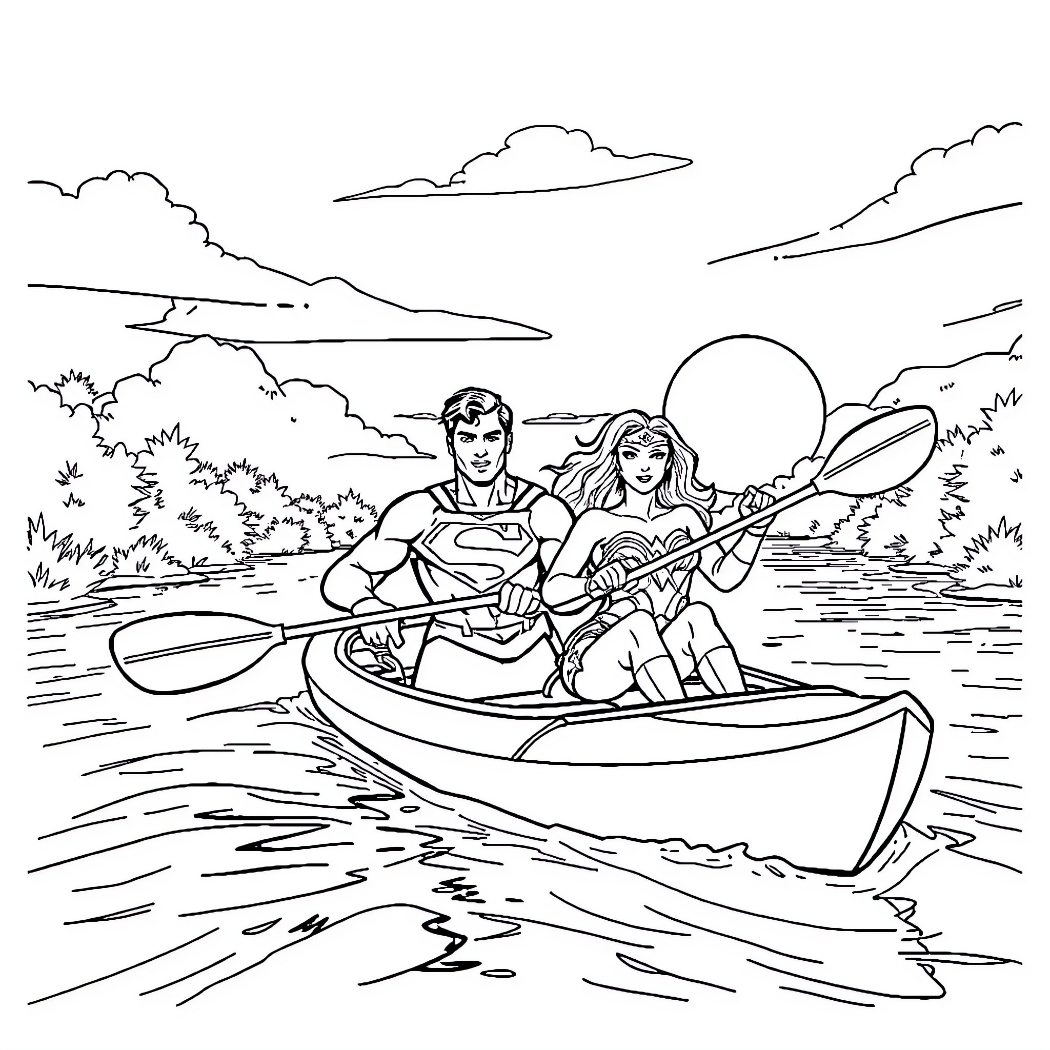Superman and Wonder Woman kayaking in the river Coloring Page (free black-and-white line drawing printable PDF for all, from beginners to advanced learners, including children, teens, adults, and seniors)