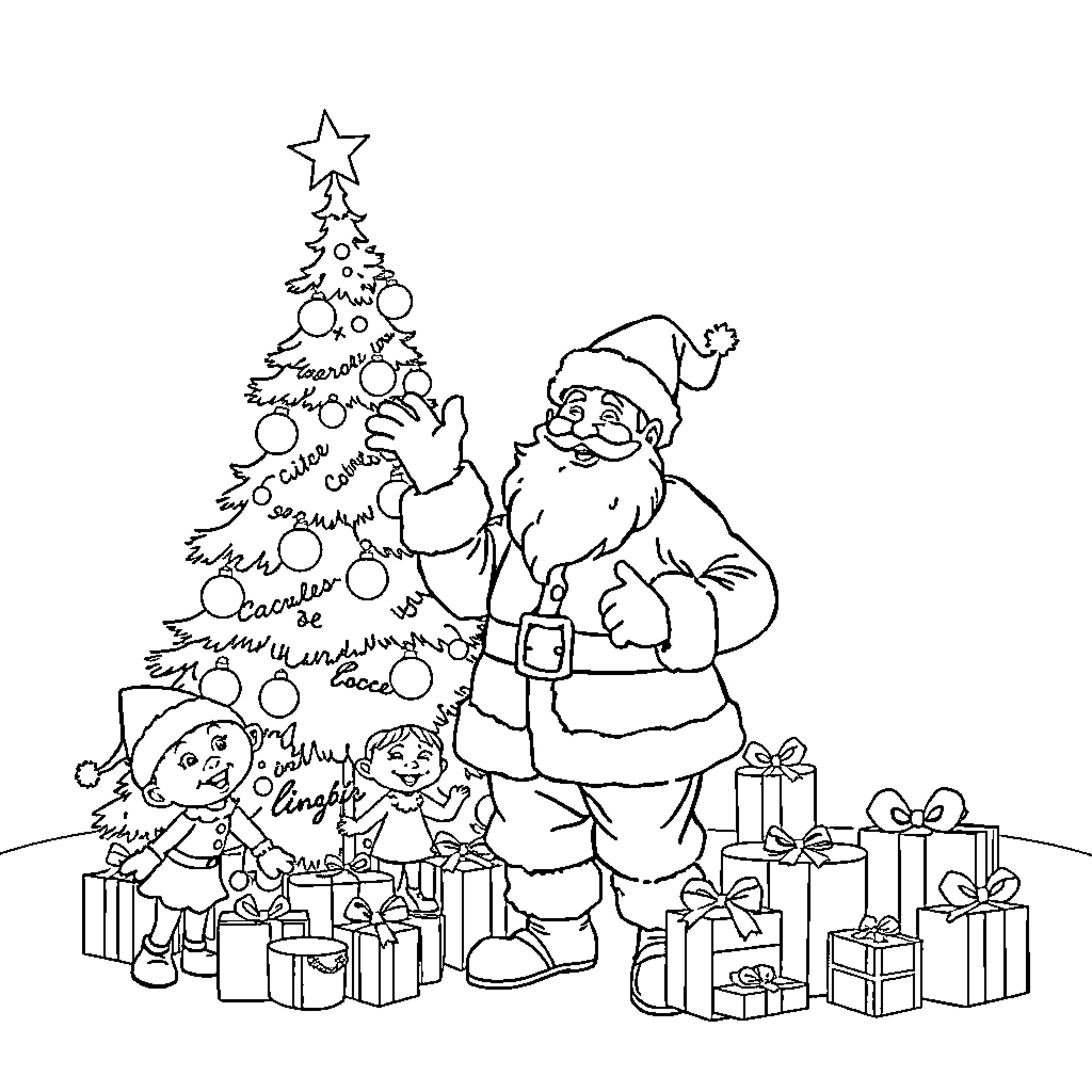 Santa decorating Christmas tree with gifts Coloring Page (free black-and-white line drawing printable PDF for all, from beginners to advanced learners, including children, teens, adults, and seniors)