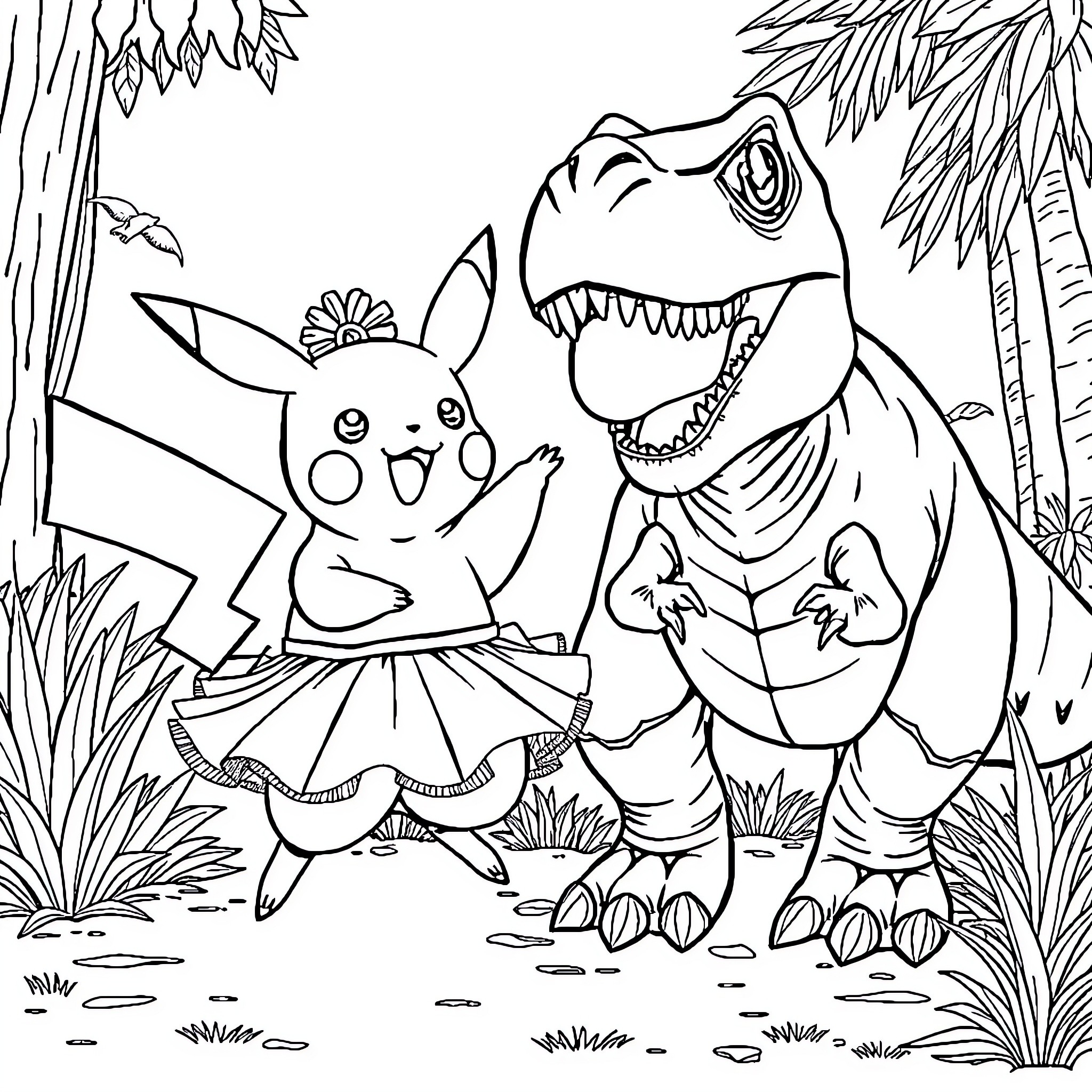 Pikachu and Dinosaur in Scenic Forest Coloring Page (free black-and-white line drawing printable PDF for all, from beginners to advanced learners, including children, teens, adults, and seniors)