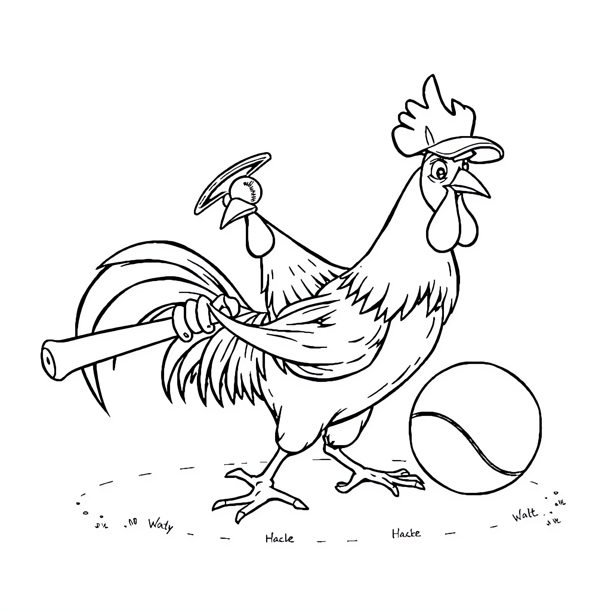 Rooster crowing and holding a garden tool Coloring Page (free black-and-white line drawing printable PDF for all, from beginners to advanced learners, including children, teens, adults, and seniors)