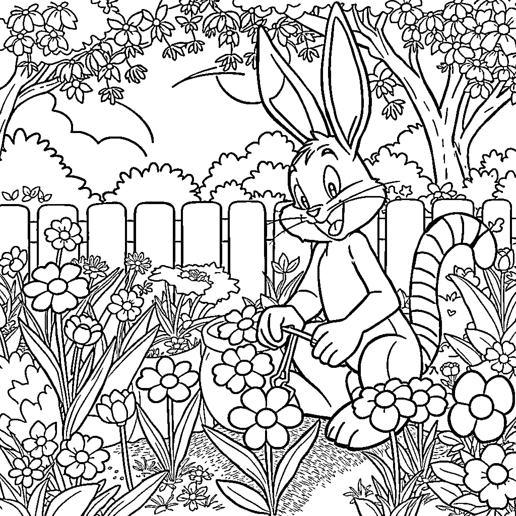 Bugs Bunny enjoying a lush garden filled with flowers Coloring Page (free black-and-white line drawing printable PDF for all, from beginners to advanced learners, including children, teens, adults, and seniors)