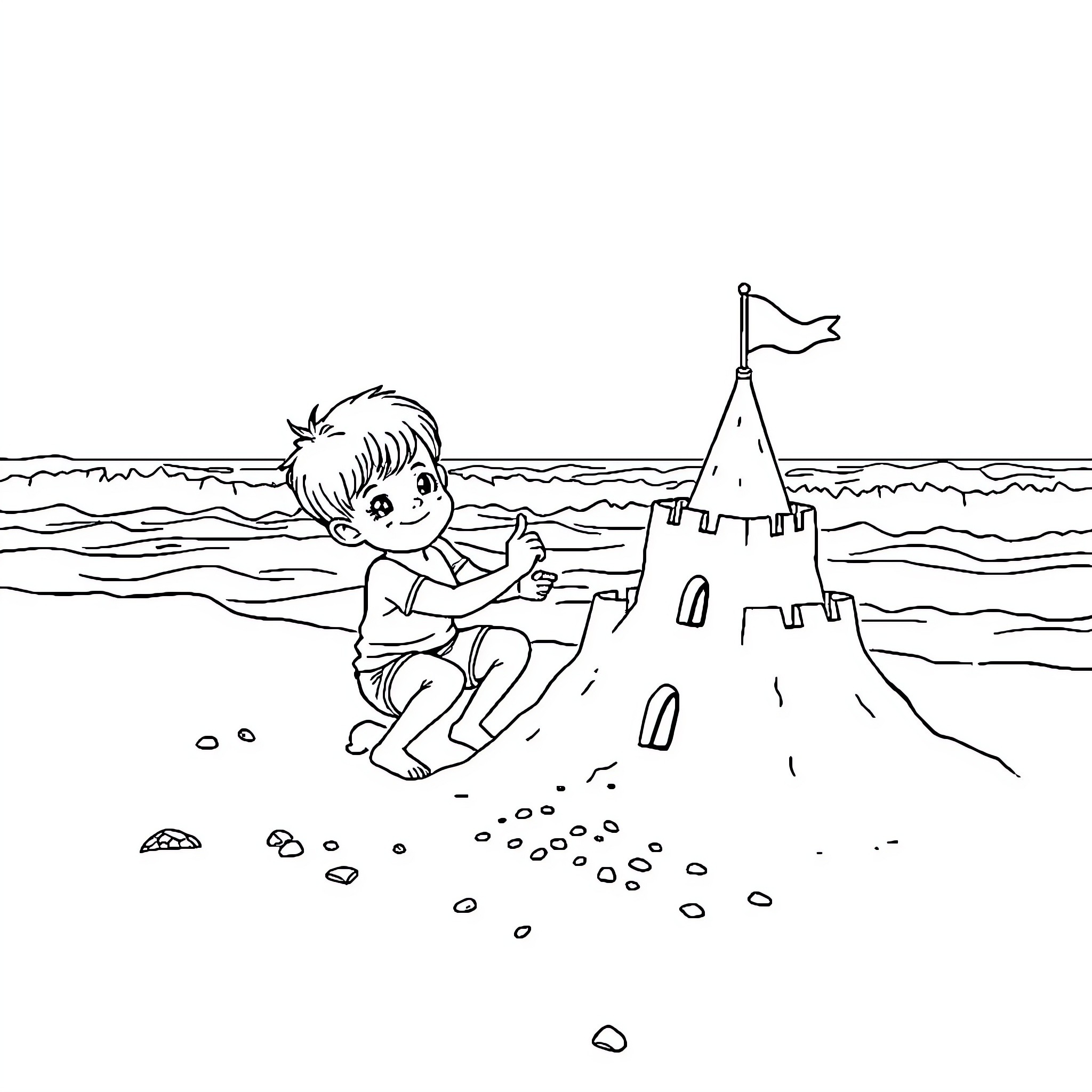 Child building sandcastle on the beach Coloring Page (free black-and-white line drawing printable PDF for all, from beginners to advanced learners, including children, teens, adults, and seniors)