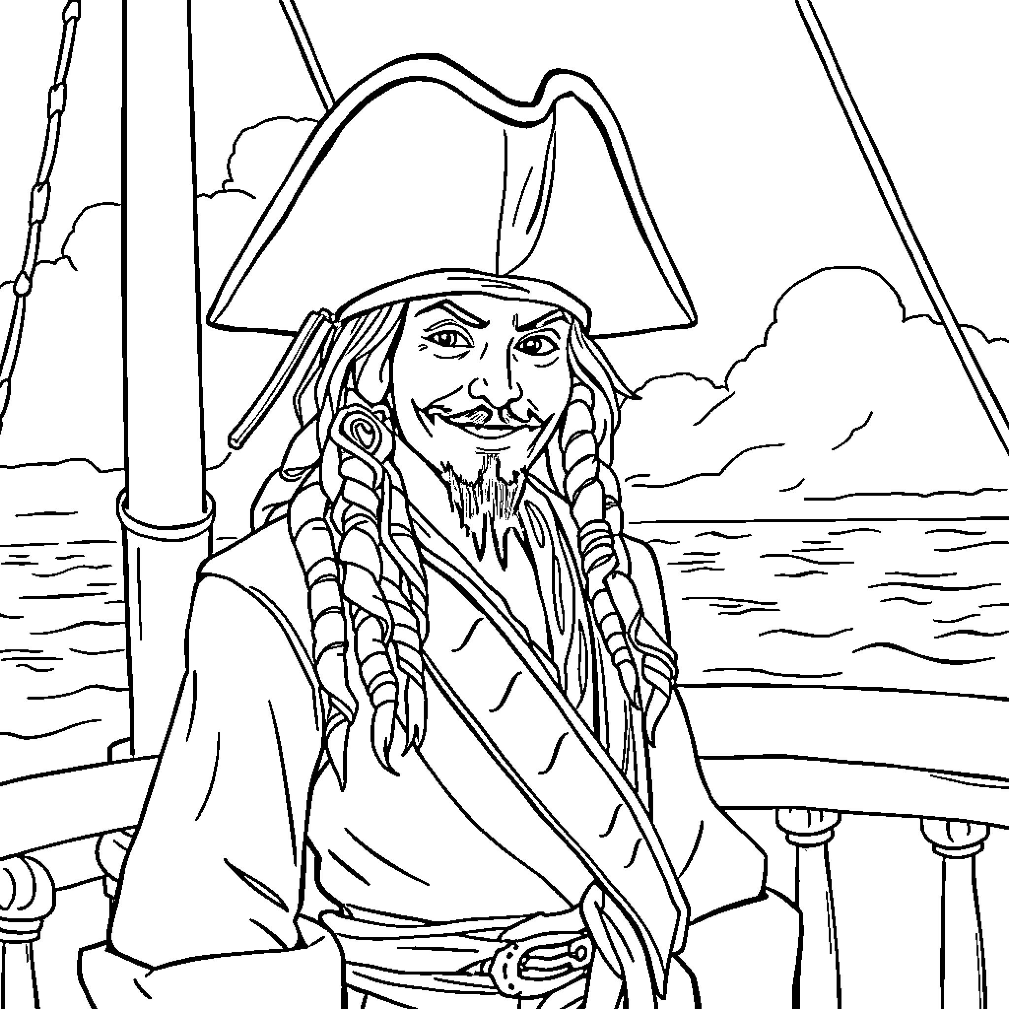 Jack Sparrow smiling on a pirate ship Coloring Page (free black-and-white line drawing printable PDF for all, from beginners to advanced learners, including children, teens, adults, and seniors)