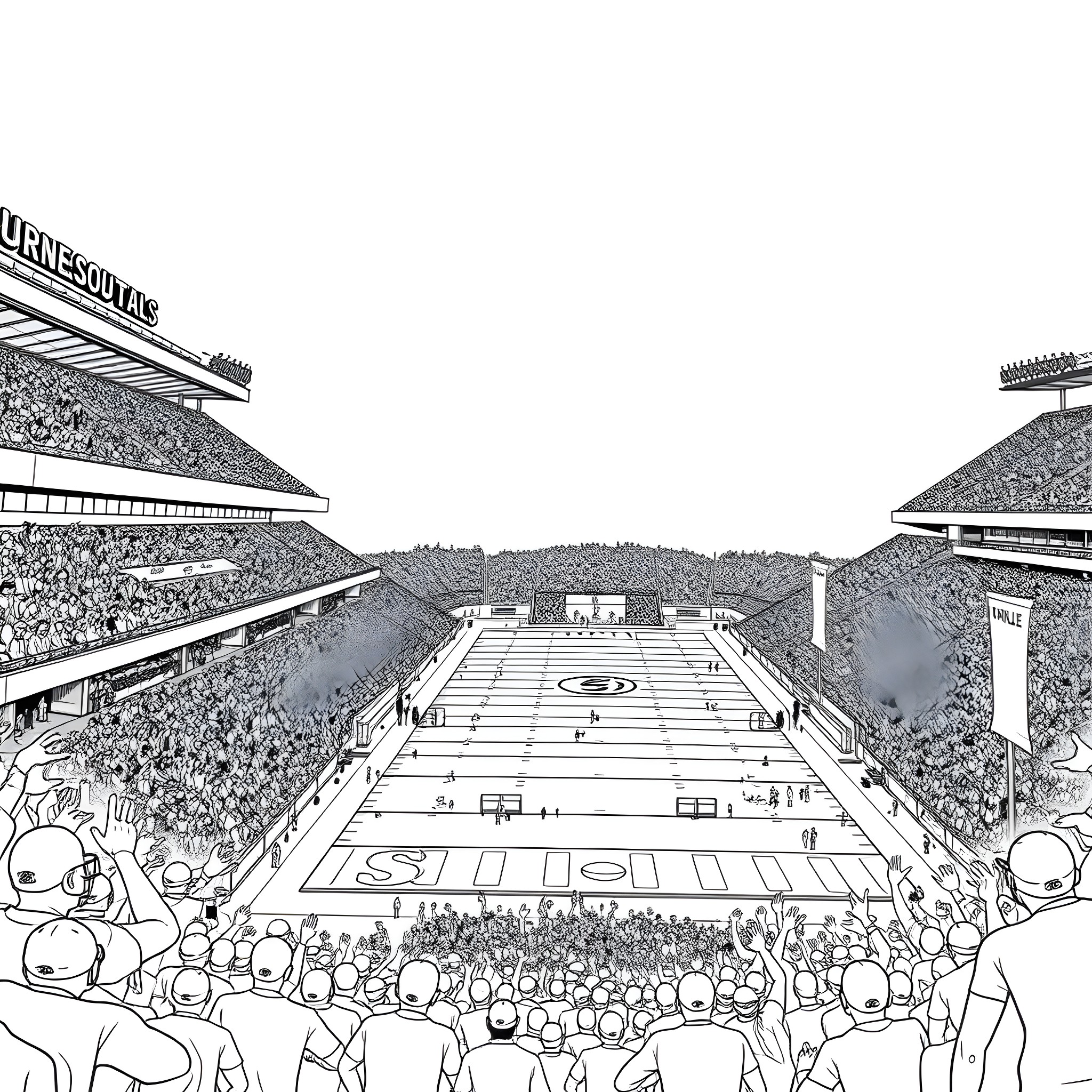 Kyle's Exciting Football Game at the Stadium Coloring Page (free black-and-white line drawing printable PDF for all, from beginners to advanced learners, including children, teens, adults, and seniors)