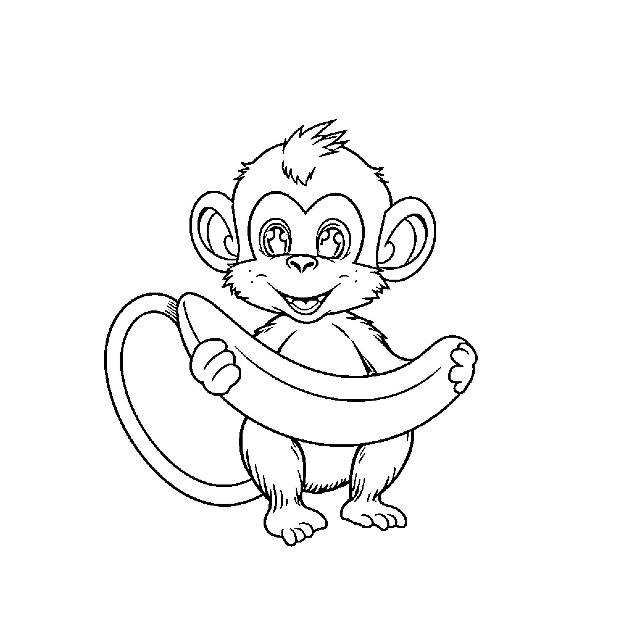 Monkey holding a banana and smiling Coloring Page (free black-and-white line drawing printable PDF for all, from beginners to advanced learners, including children, teens, adults, and seniors)