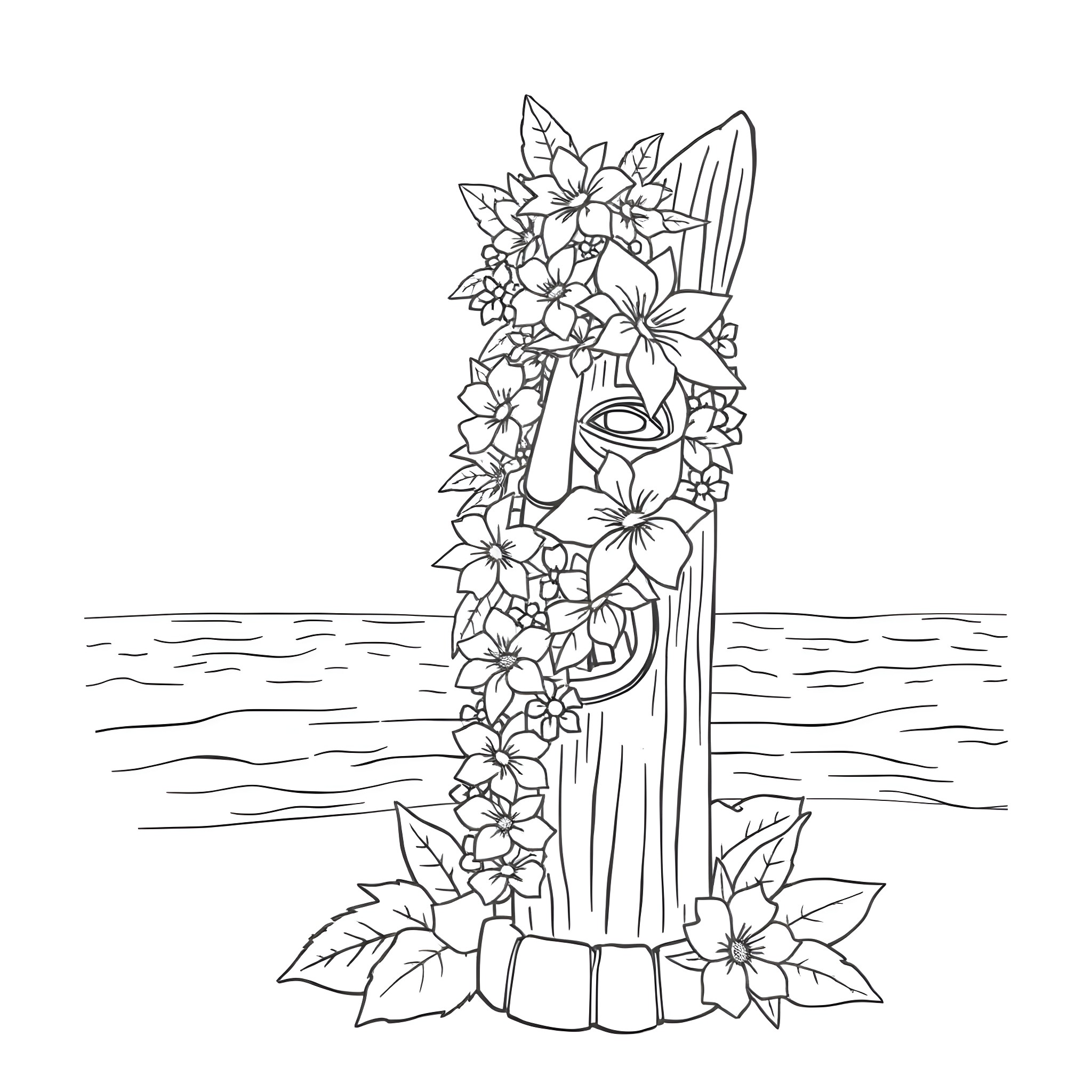 Lei with Floral Surfboard in Tropical Setting Coloring Page (free black-and-white line drawing printable PDF for all, from beginners to advanced learners, including children, teens, adults, and seniors)