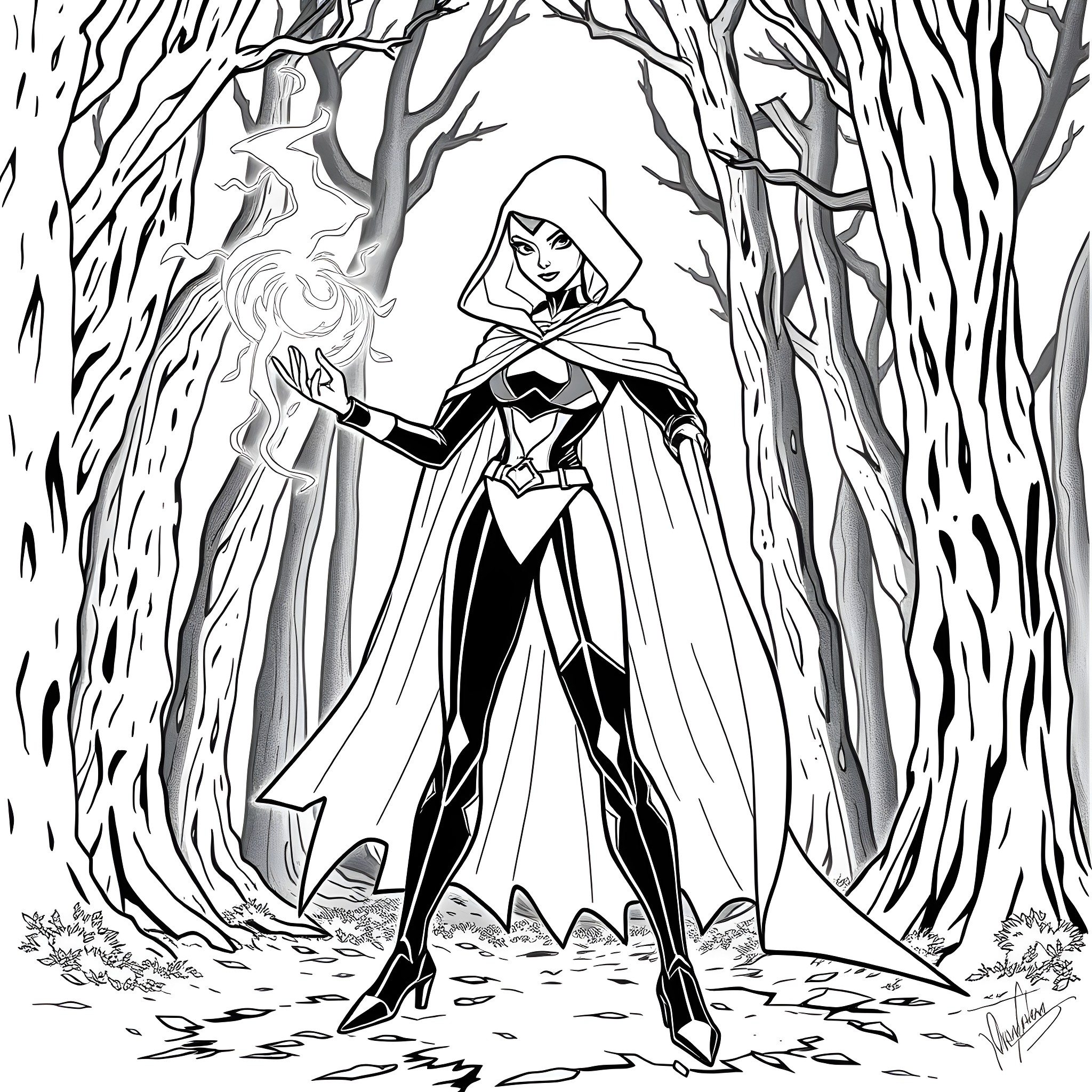 Raven's Mystical Journey through the Enchanted Forest Coloring Page (free black-and-white line drawing printable PDF for all, from beginners to advanced learners, including children, teens, adults, and seniors)