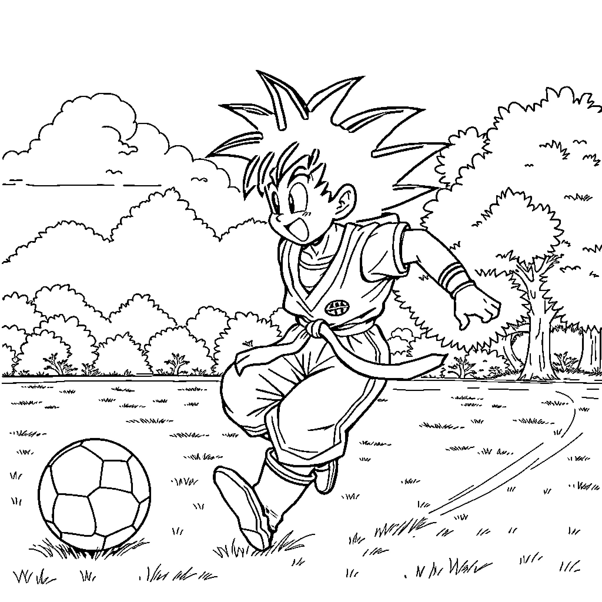 Son Goku playing soccer in a field Coloring Page (free black-and-white line drawing printable PDF for all, from beginners to advanced learners, including children, teens, adults, and seniors)