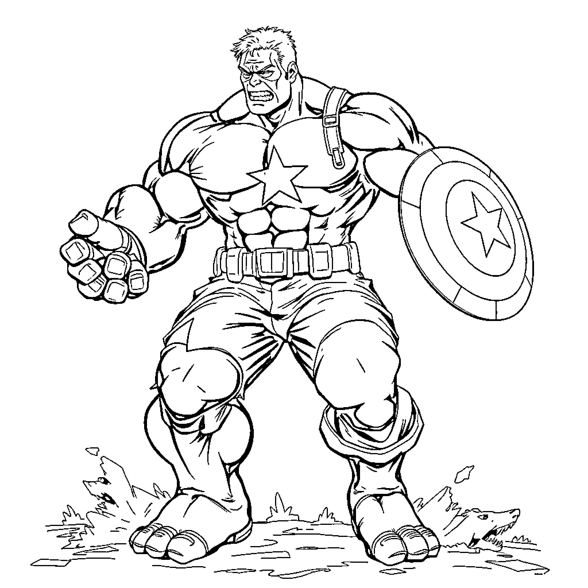 Hulk ready for combat with shield and fists Coloring Page (free black-and-white line drawing printable PDF for all, from beginners to advanced learners, including children, teens, adults, and seniors)