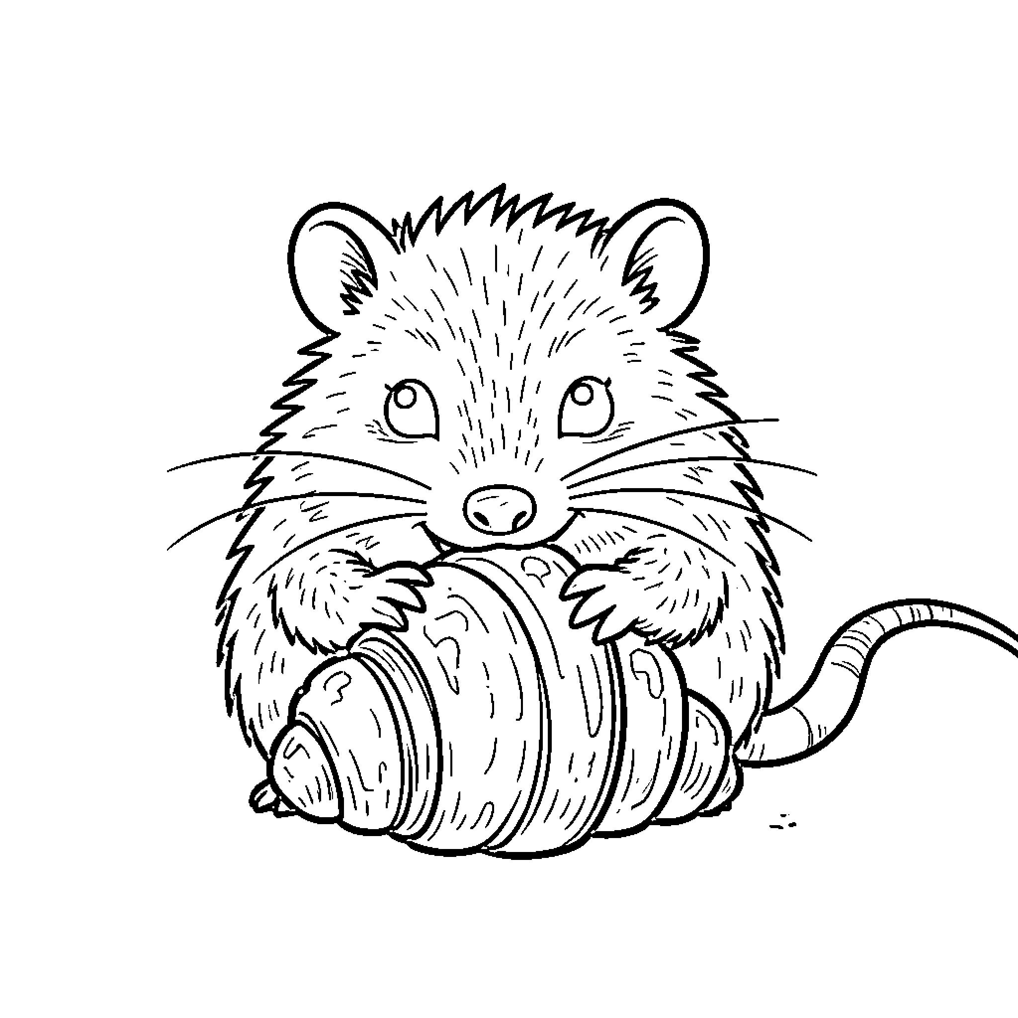 Tlacuache sitting and holding food Coloring Page (free black-and-white line drawing printable PDF for all, from beginners to advanced learners, including children, teens, adults, and seniors)