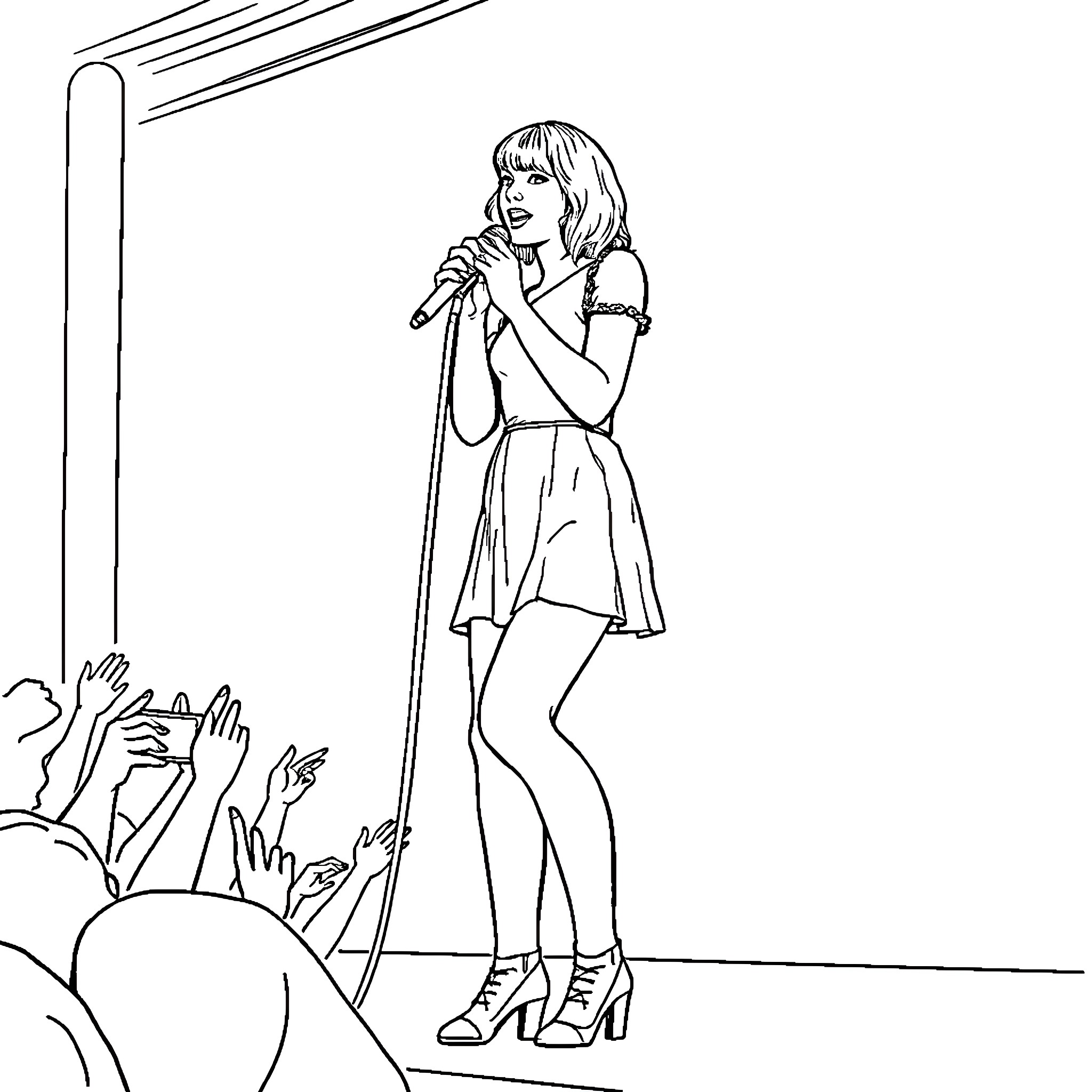 Taylor Swift performing on stage with fans Coloring Page (free black-and-white line drawing printable PDF for all, from beginners to advanced learners, including children, teens, adults, and seniors)