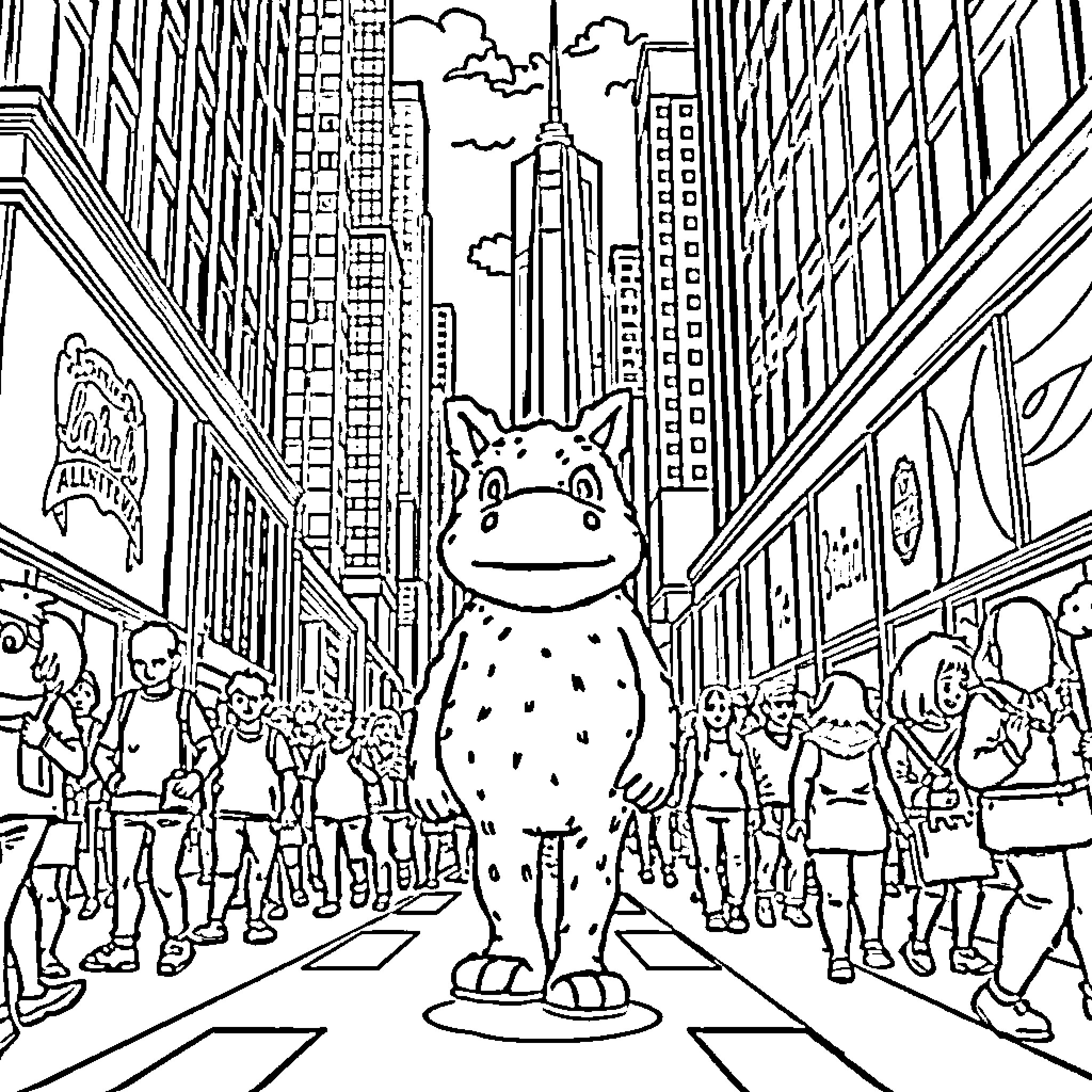 Labubu's Exciting Adventure in the City Coloring Page (free black-and-white line drawing printable PDF for all, from beginners to advanced learners, including children, teens, adults, and seniors)