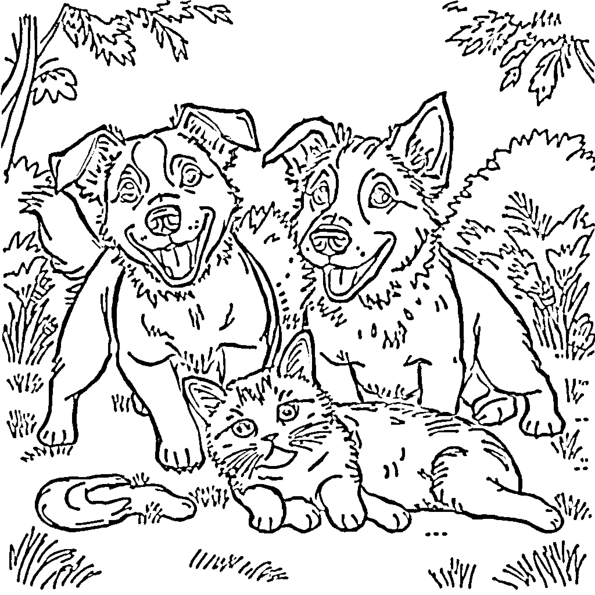 Dog Trio Happily Playing in Nature Coloring Page (free black-and-white line drawing printable PDF for all, from beginners to advanced learners, including children, teens, adults, and seniors)