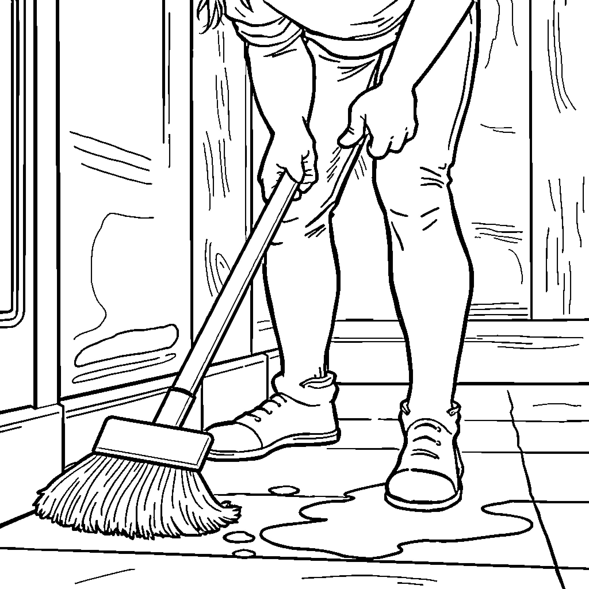 Scrubbing the Messy Floor Coloring Page (free black-and-white line drawing printable PDF for all, from beginners to advanced learners, including children, teens, adults, and seniors)