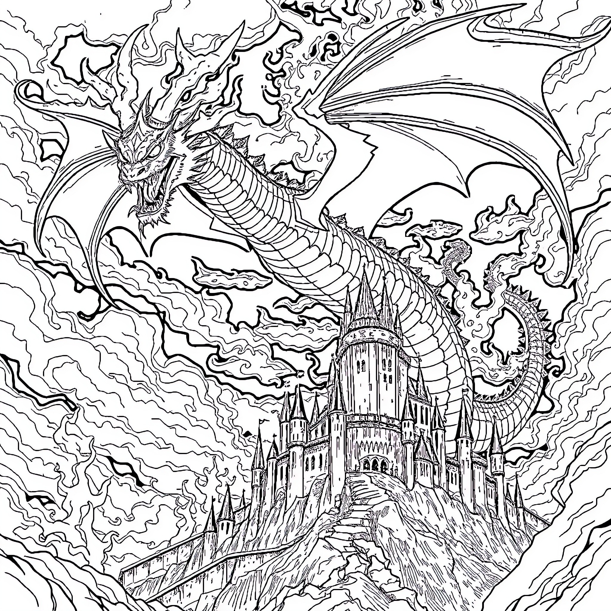 Dragon terrorizing a fantasy castle Coloring Page (free black-and-white line drawing printable PDF for all, from beginners to advanced learners, including children, teens, adults, and seniors)