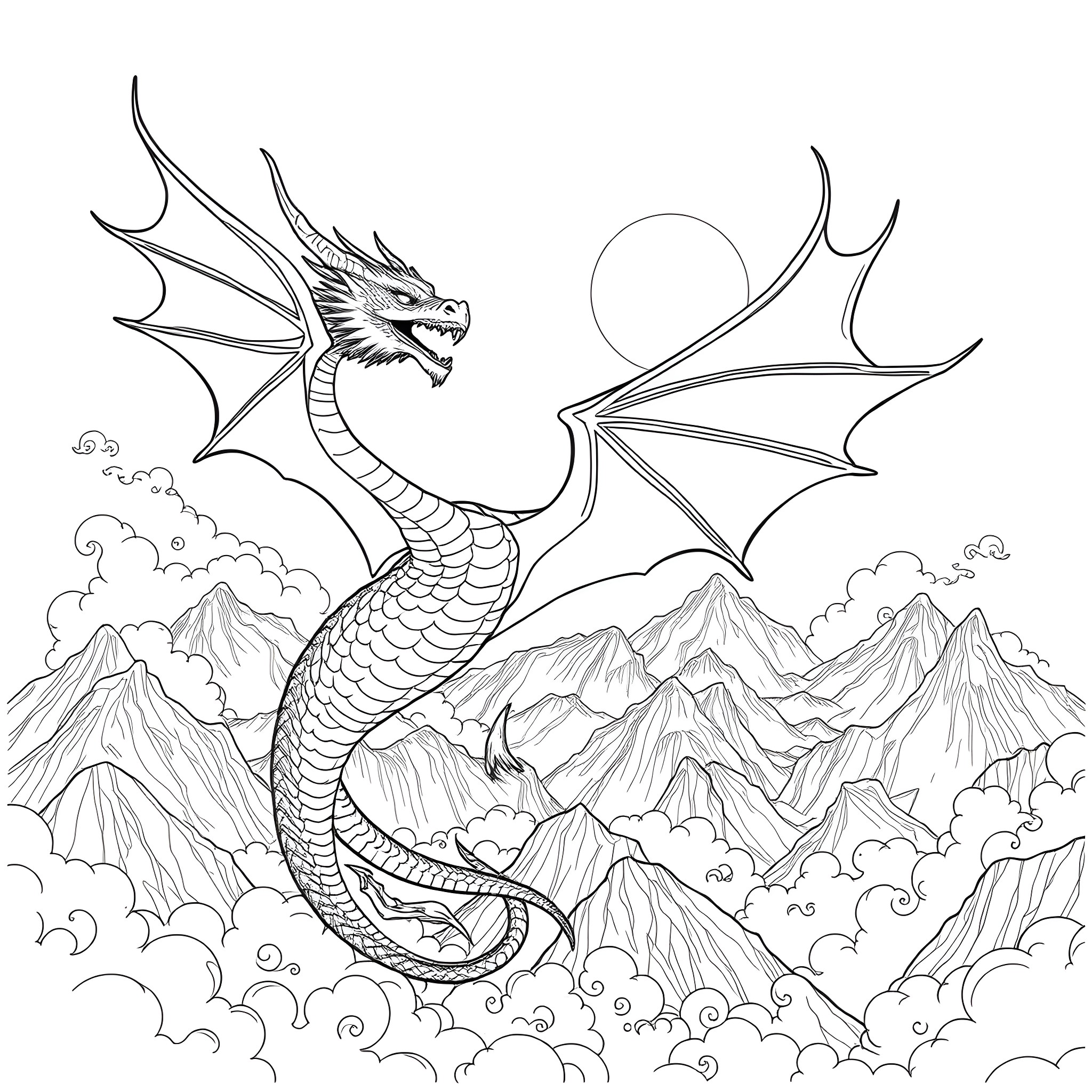 Dragon soaring over majestic mountain peaks Coloring Page (free black-and-white line drawing printable PDF for all, from beginners to advanced learners, including children, teens, adults, and seniors)
