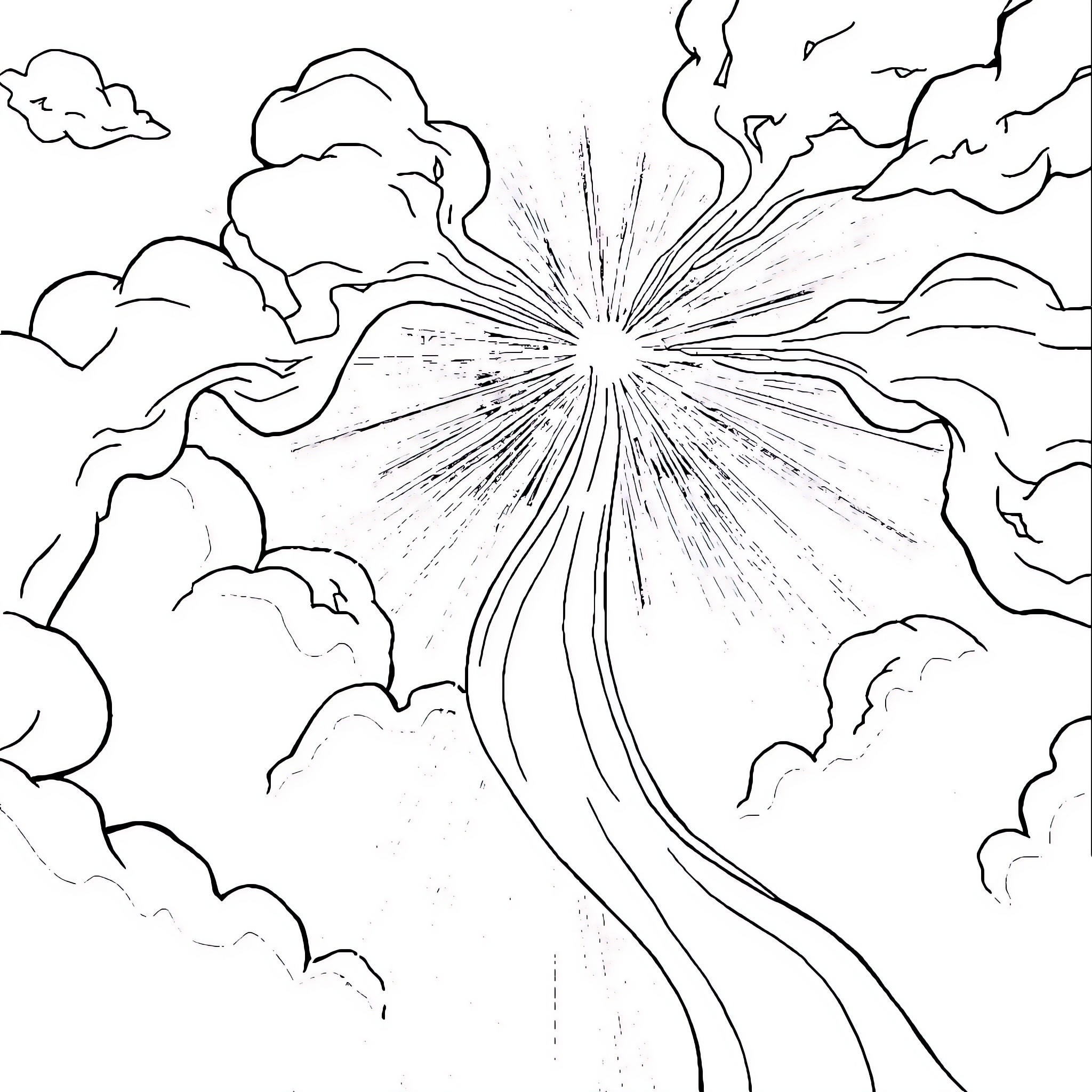 Person admiring a celestial light in the cloudy sky Coloring Page (free black-and-white line drawing printable PDF for all, from beginners to advanced learners, including children, teens, adults, and seniors)