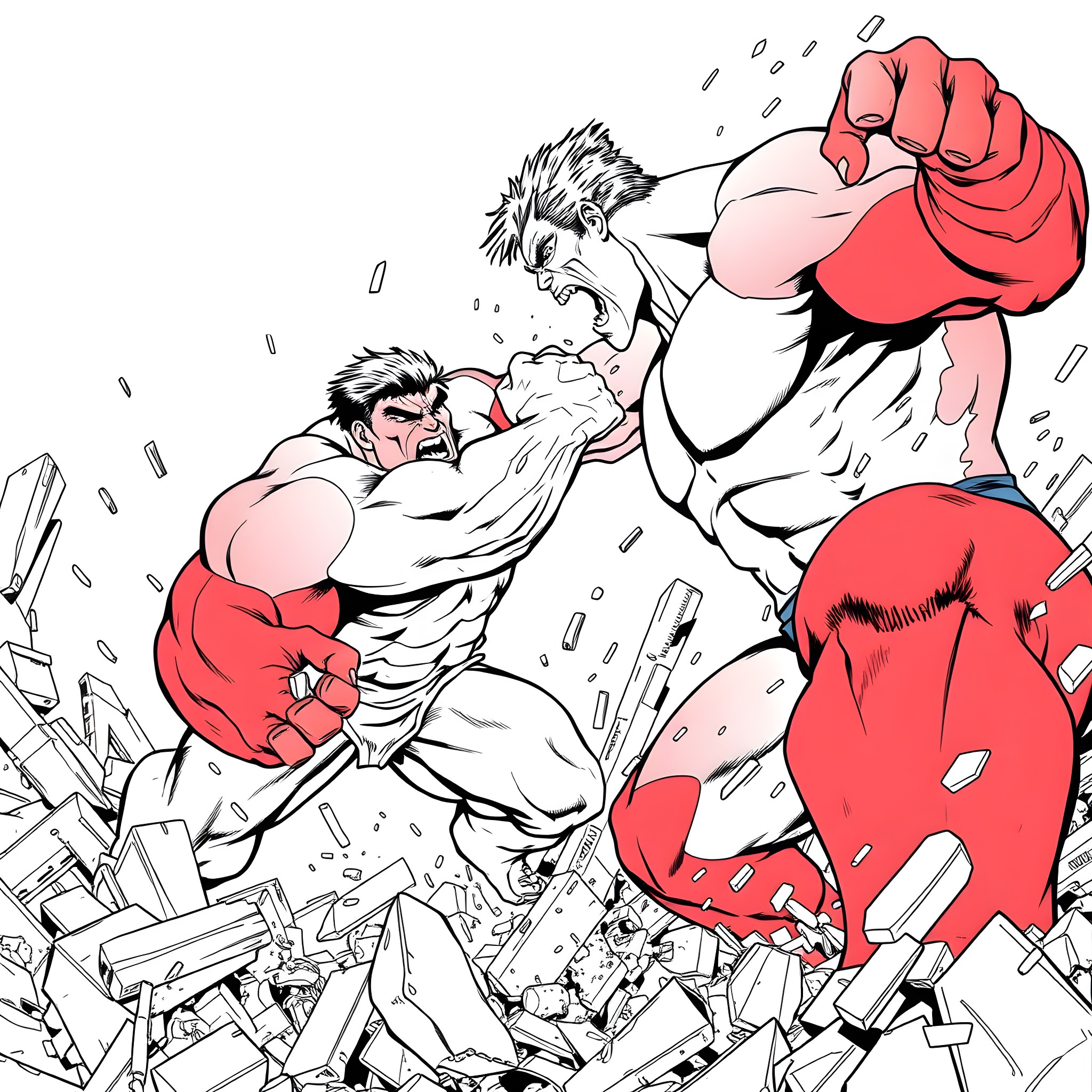 Hulk engaged in intense fight with muscular opponent Coloring Page (free black-and-white line drawing printable PDF for all, from beginners to advanced learners, including children, teens, adults, and seniors)