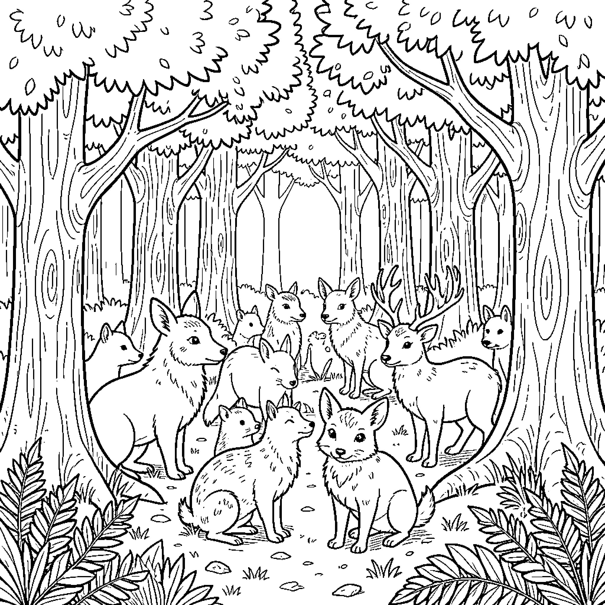 Forest Animals Exploring the Woodland Scene Coloring Page (free black-and-white line drawing printable PDF for all, from beginners to advanced learners, including children, teens, adults, and seniors)