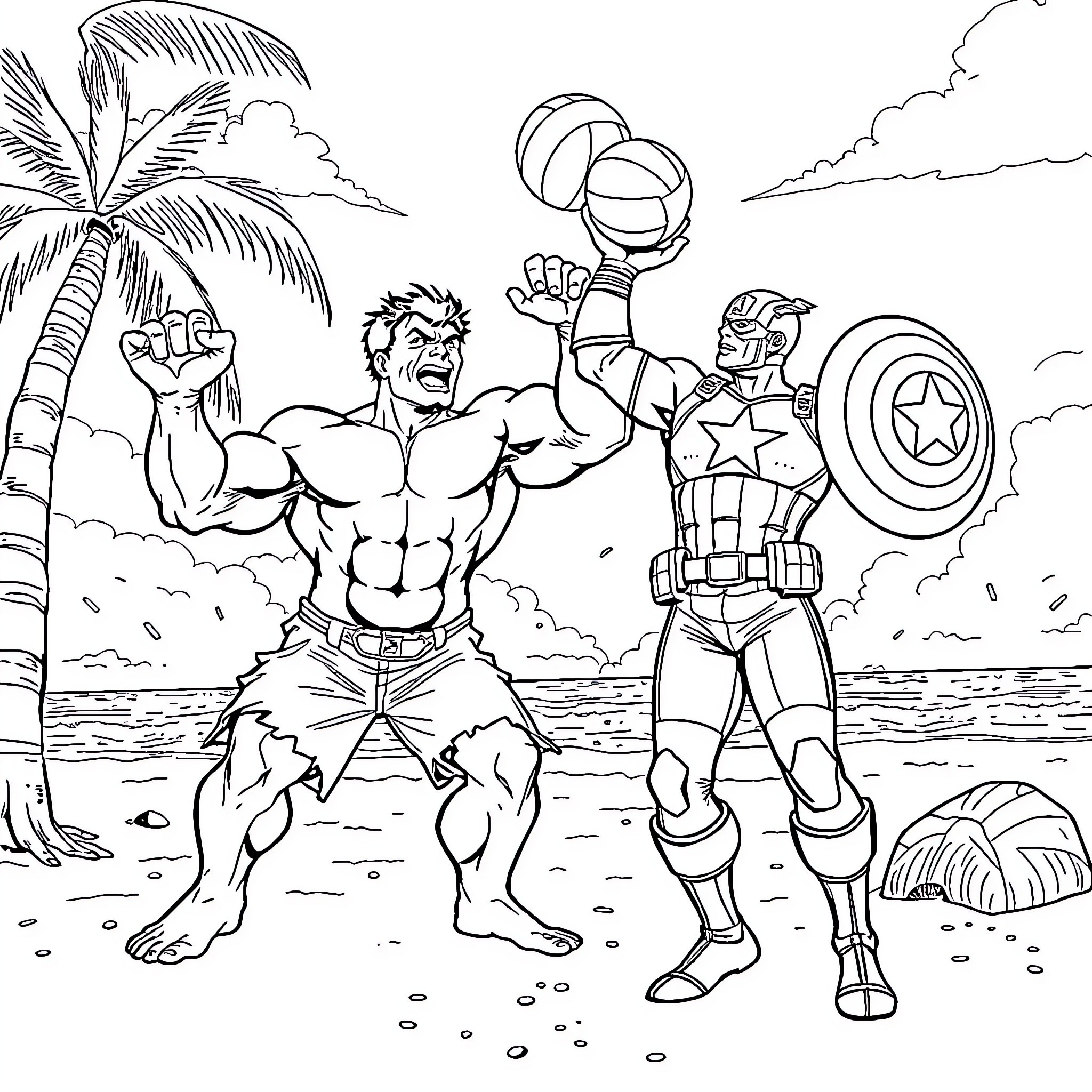 Hulk and Captain America Battle on Tropical Beach Coloring Page (free black-and-white line drawing printable PDF for all, from beginners to advanced learners, including children, teens, adults, and seniors)