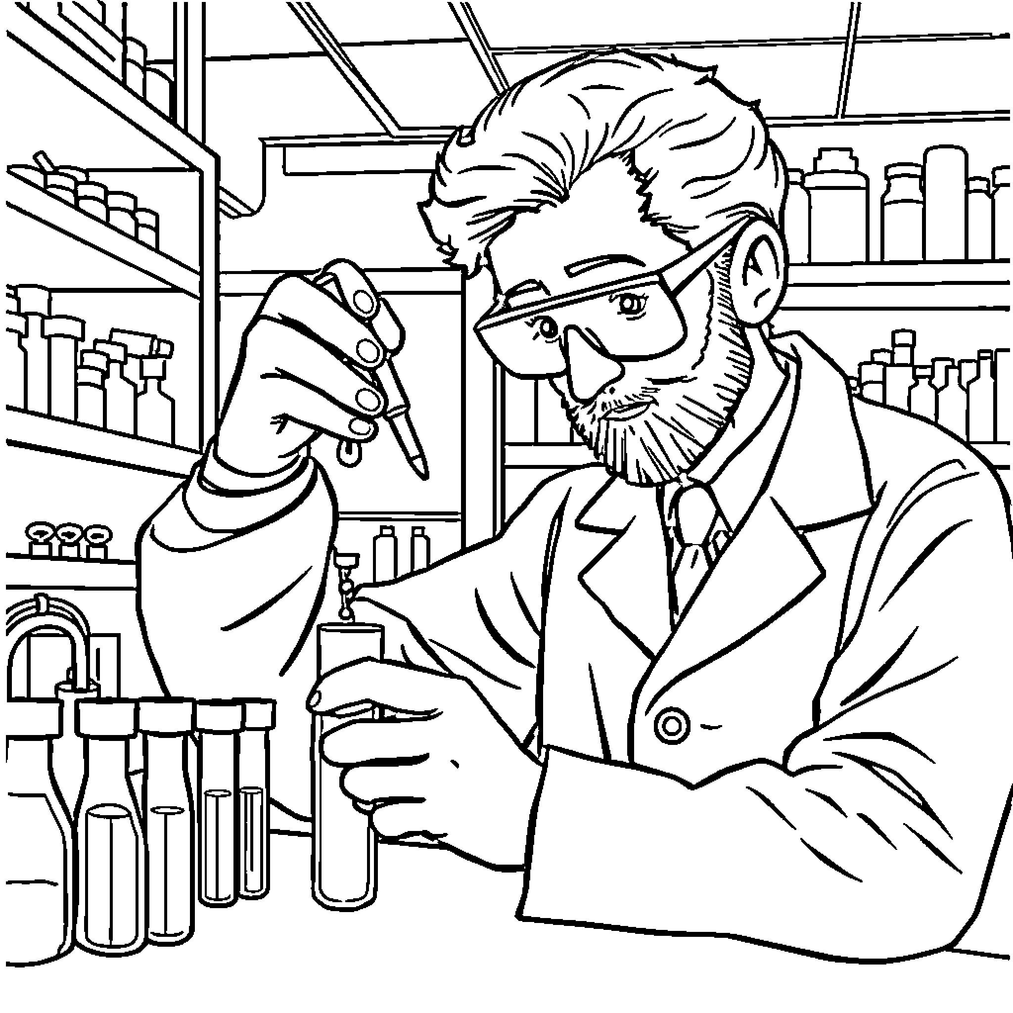 Scientist examining sample in laboratory Coloring Page (free black-and-white line drawing printable PDF for all, from beginners to advanced learners, including children, teens, adults, and seniors)