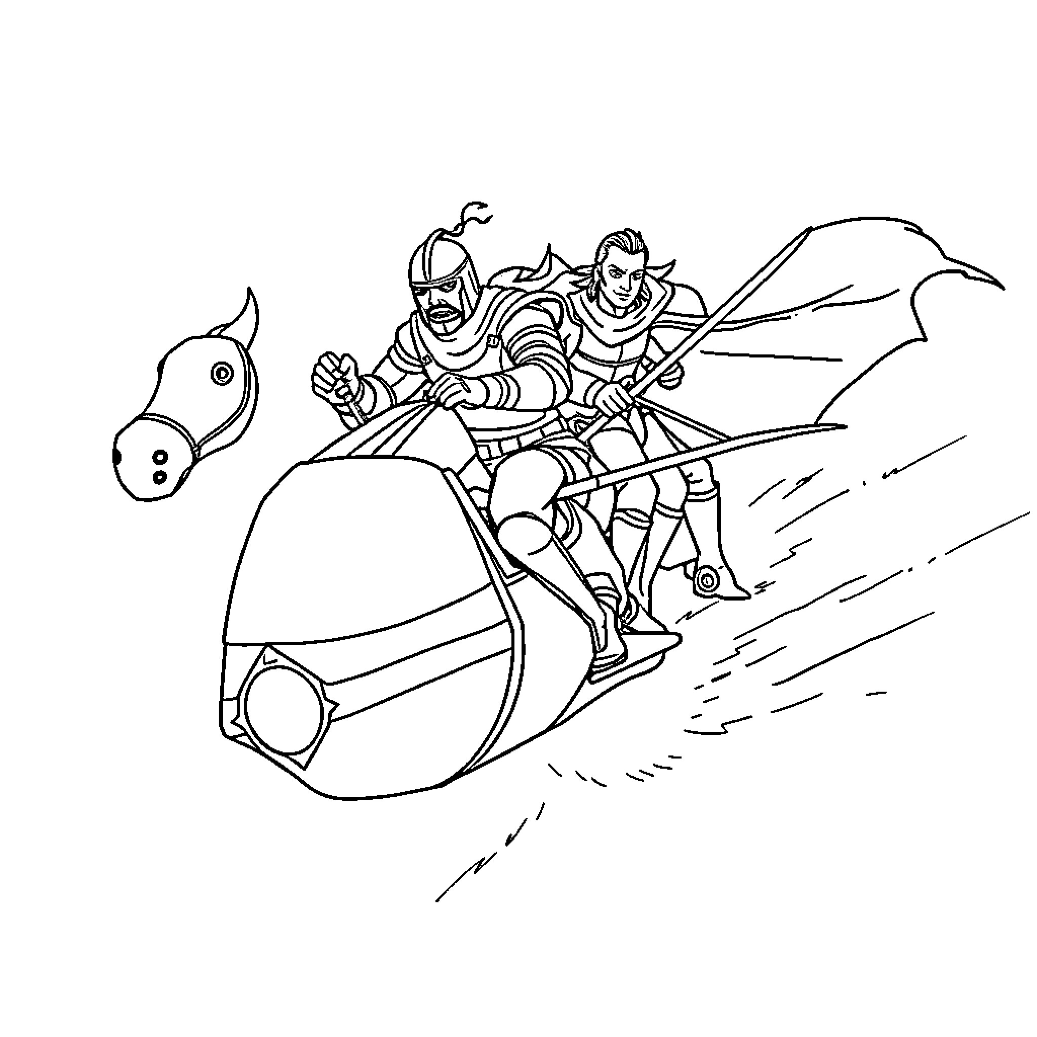 Knight warriors riding powerful mechanical beast Coloring Page (free black-and-white line drawing printable PDF for all, from beginners to advanced learners, including children, teens, adults, and seniors)