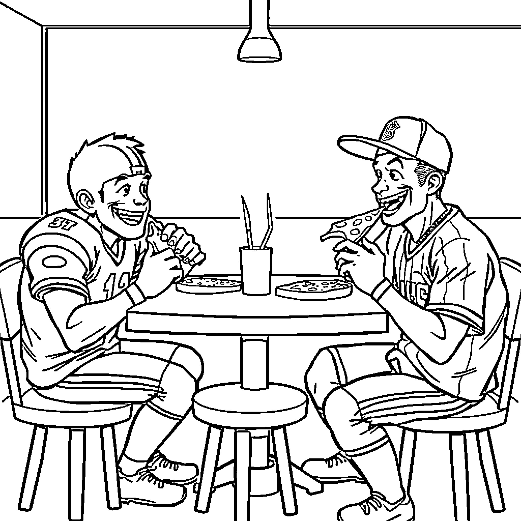 Players enjoying pizza together in casual setting Coloring Page (free black-and-white line drawing printable PDF for all, from beginners to advanced learners, including children, teens, adults, and seniors)