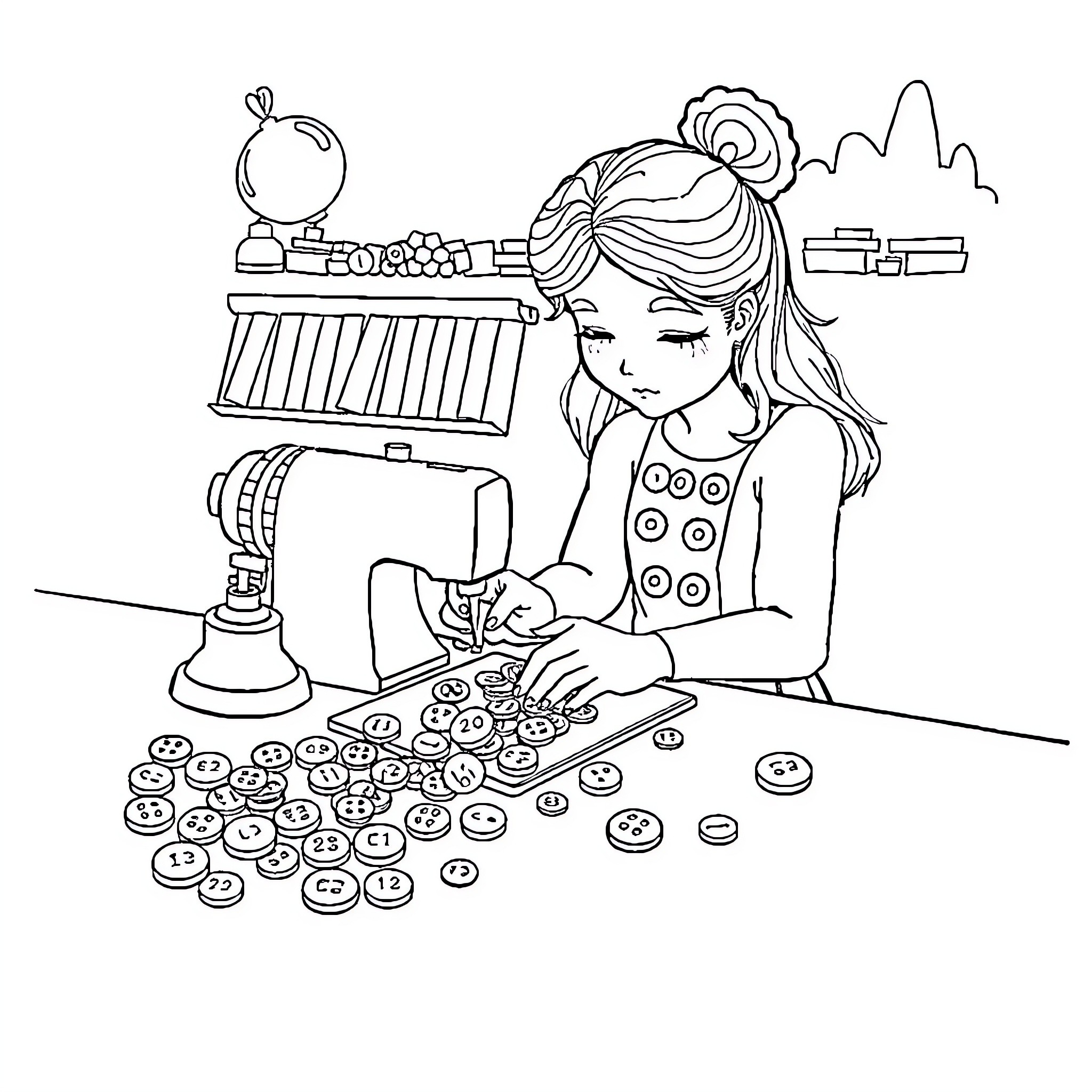 Pin Crafting Girl Sewing Buttons with Vintage Decor Coloring Page (free black-and-white line drawing printable PDF for all, from beginners to advanced learners, including children, teens, adults, and seniors)
