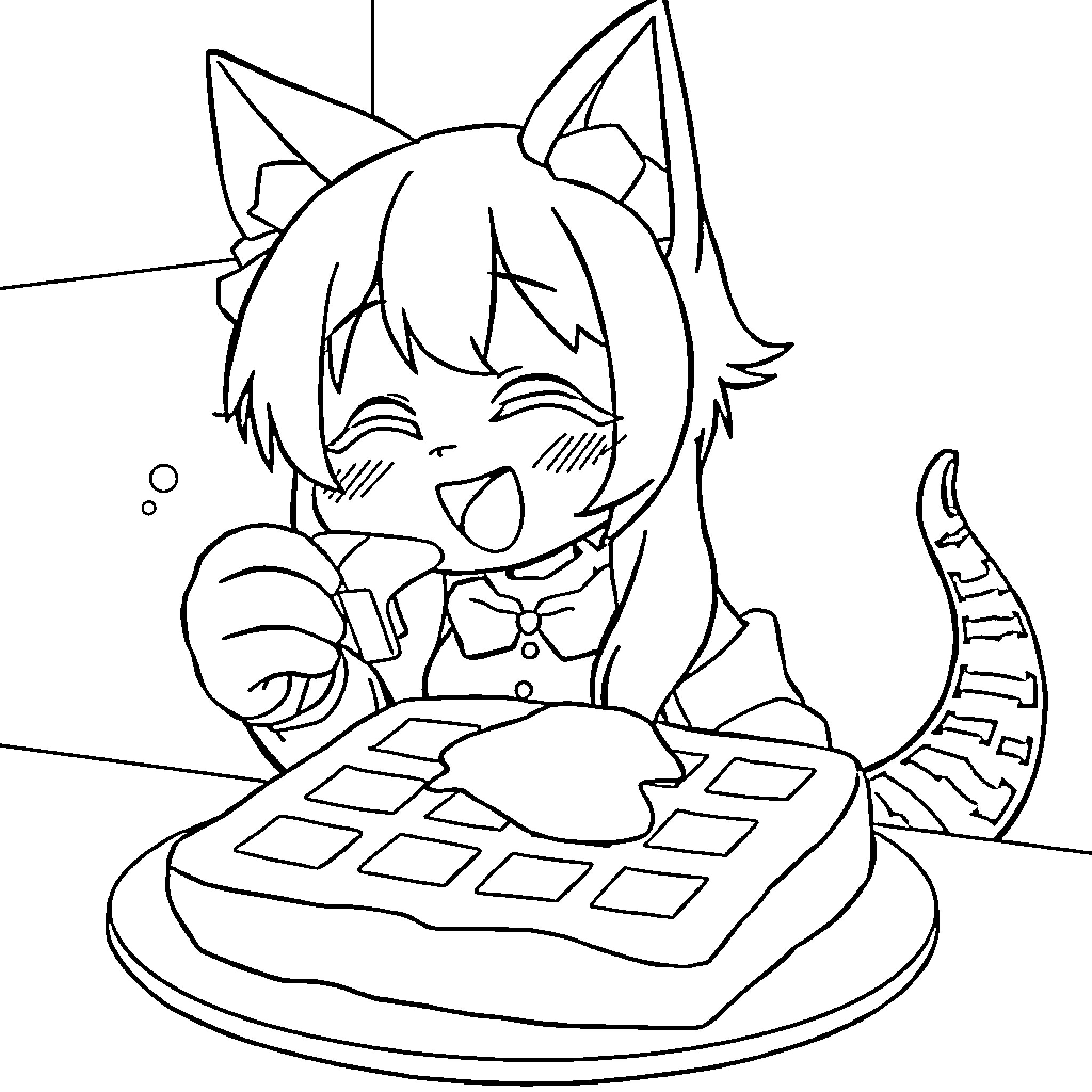 Kuromi enjoying a waffle dessert Coloring Page (free black-and-white line drawing printable PDF for all, from beginners to advanced learners, including children, teens, adults, and seniors)