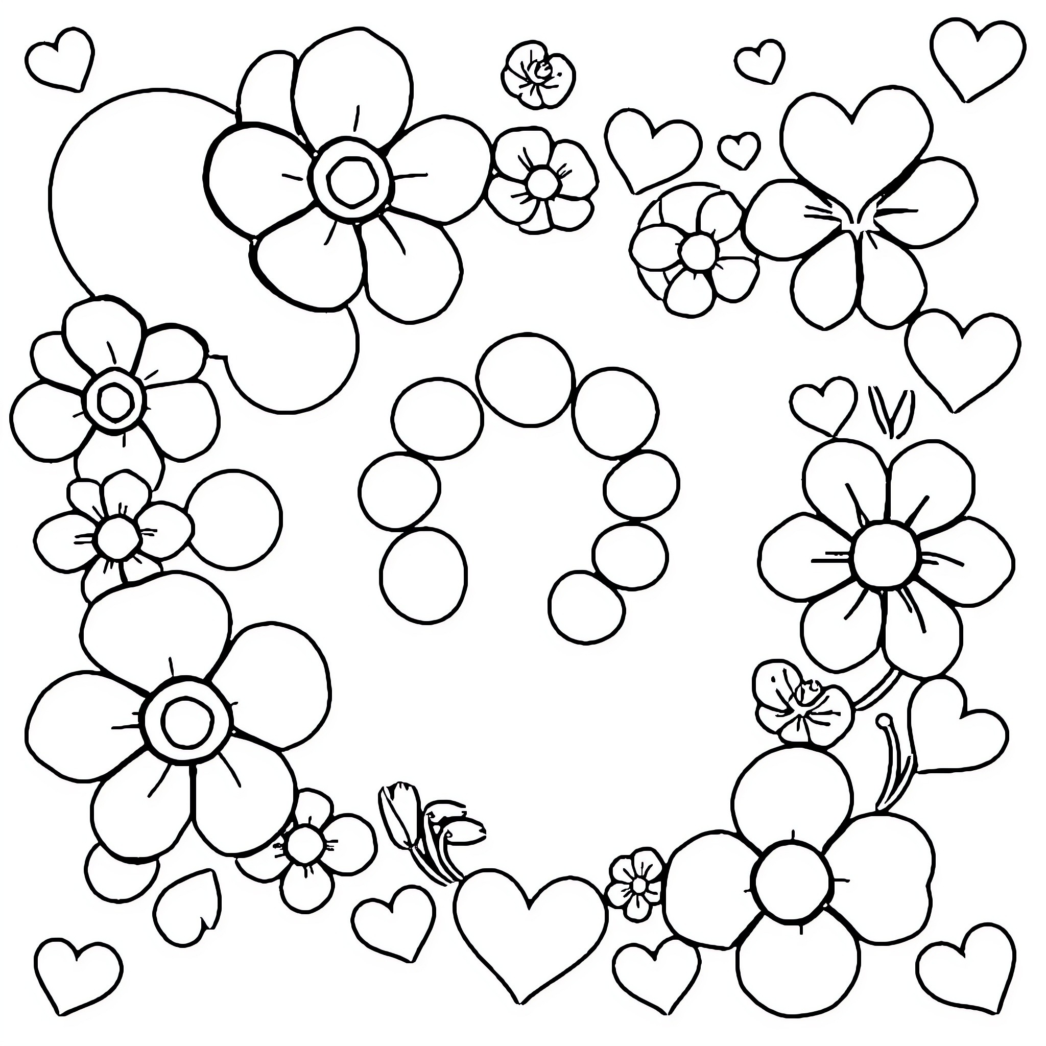 Swirl of Floral Shapes and Hearts Coloring Page (free black-and-white line drawing printable PDF for all, from beginners to advanced learners, including children, teens, adults, and seniors)